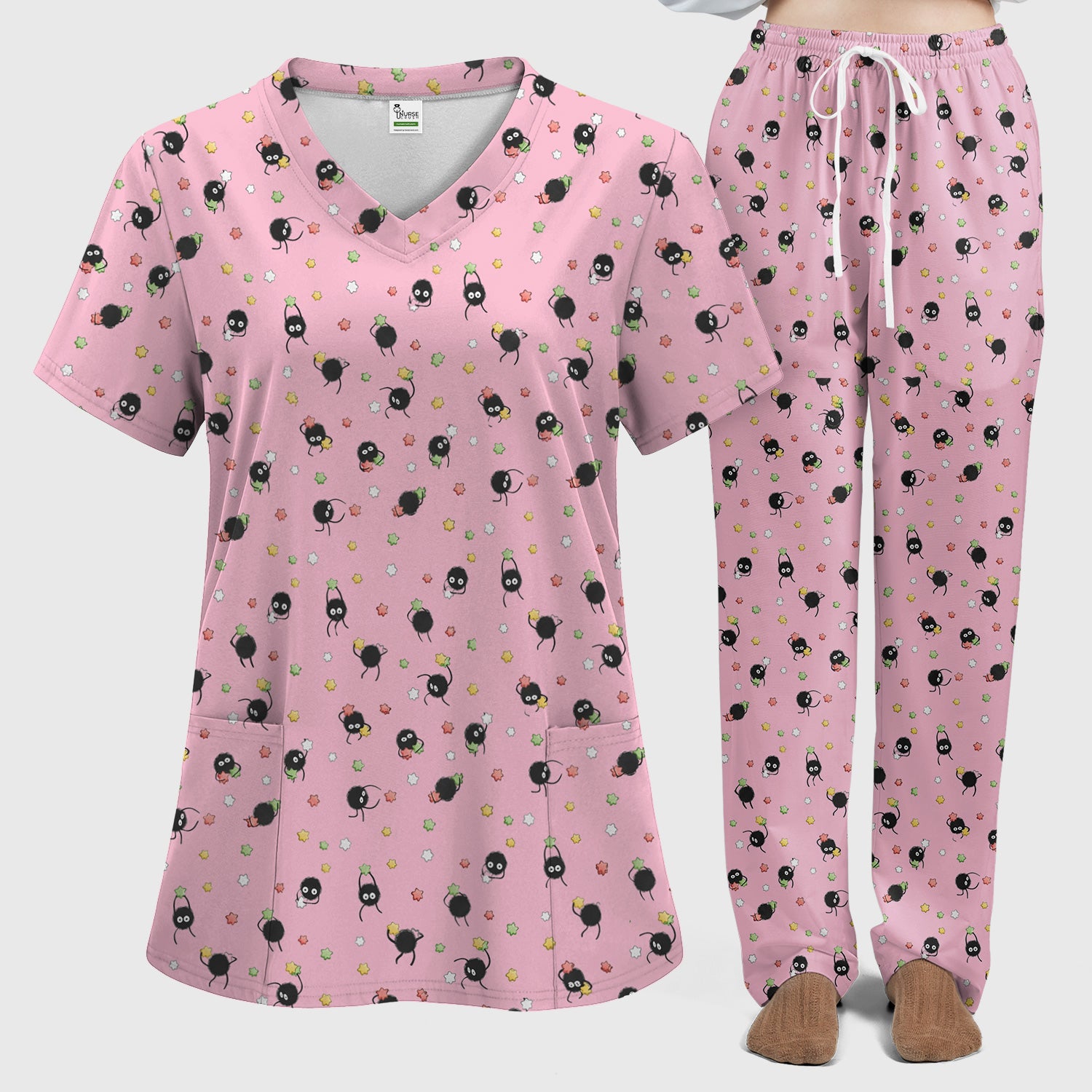 Funny Spider Pattern Pattern Pattern Scrub Set, Cartoon Spider Pattern Nursing Uniform For Women