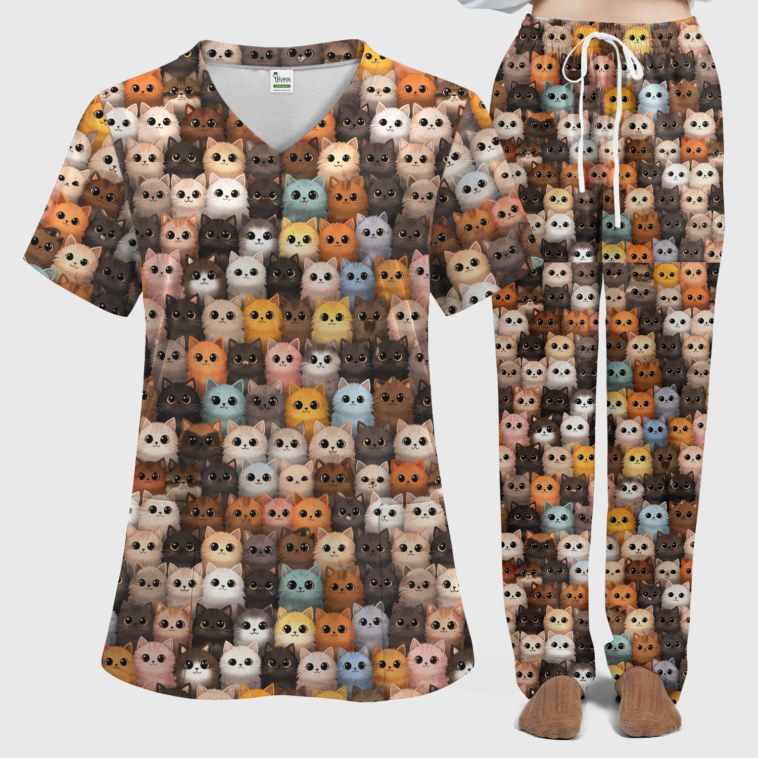 Cute Colorful Cat Pattern Scrub Set, Clinic Work Pants and V Neck Top