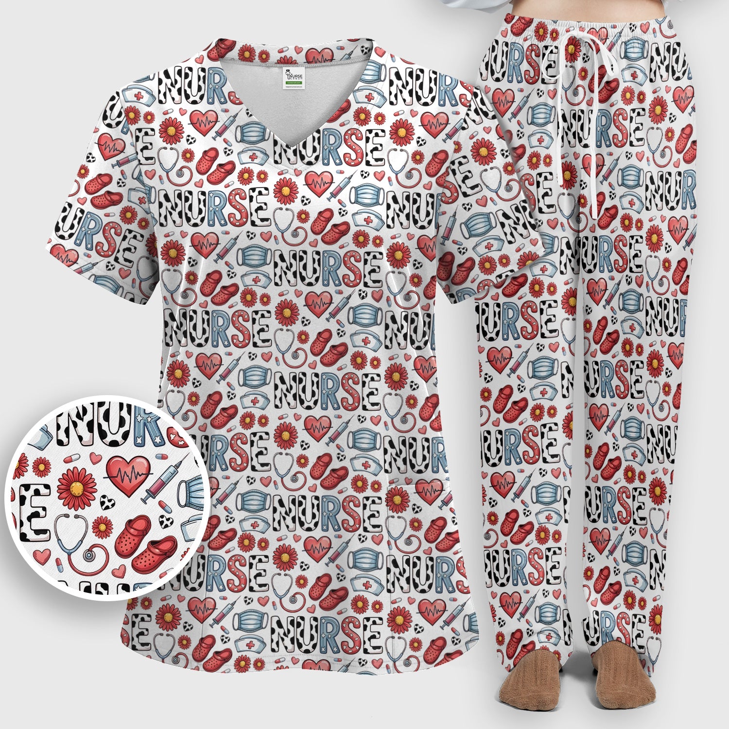 Cute Nurse Medical Icon Pattern Scrub Set, Scrub Pants and V Neck Top