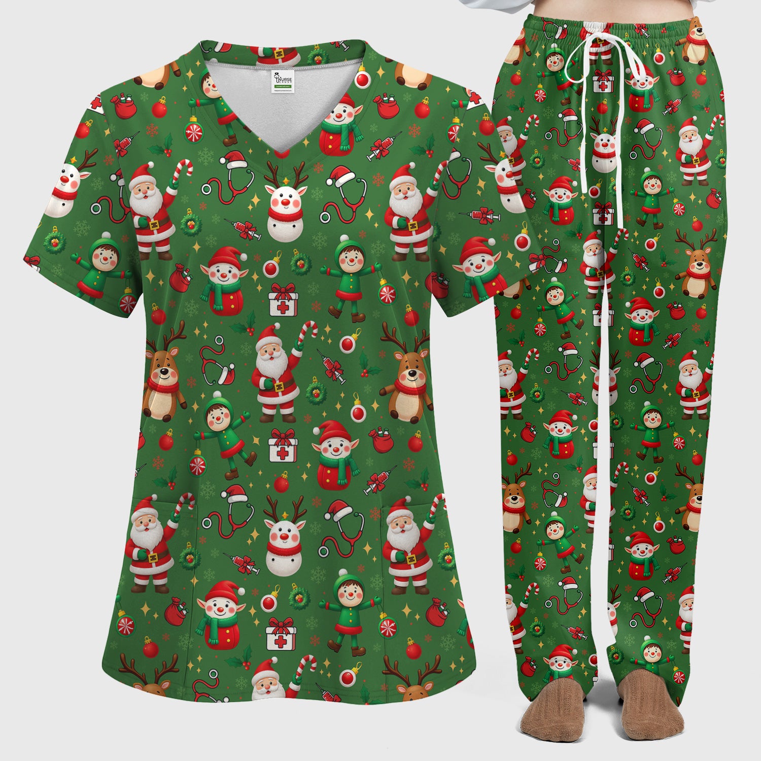 Christmas Comfortable Scrubs for Nurses - Cute Santa Reindeer Scrubs Pants and V Neck Top - Festive Holiday Med Uniform for Women