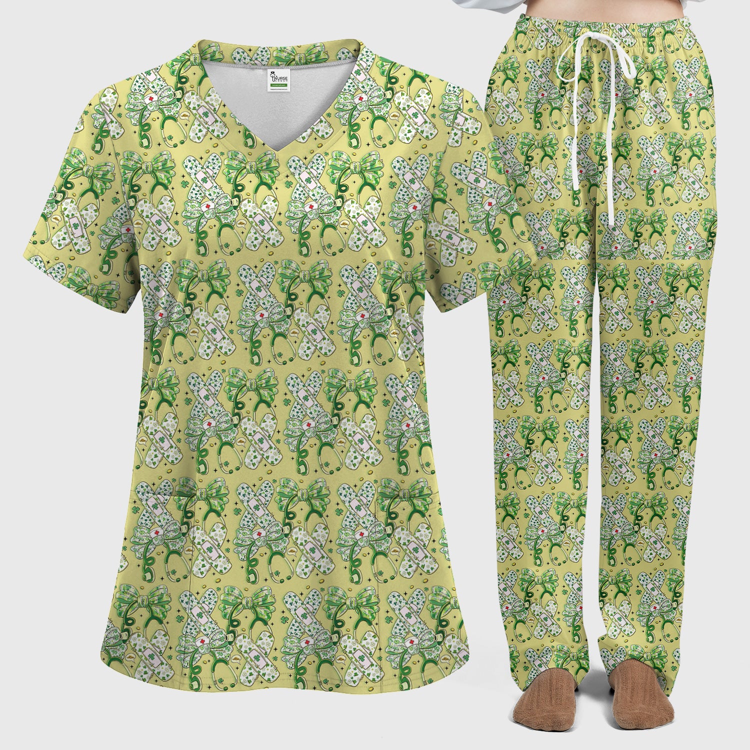 St Patrick Shamrock Stethoscope Bow Print Scrub Set, Breathable Med Uniform