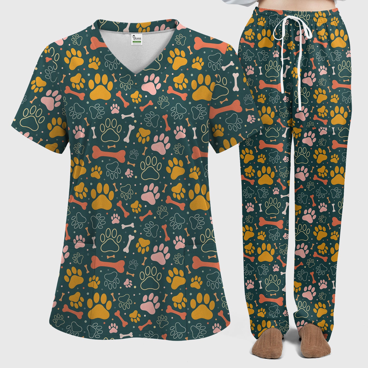 Cute Paw Print Dog Pattern Scrub Set, Breathable Med Uniform