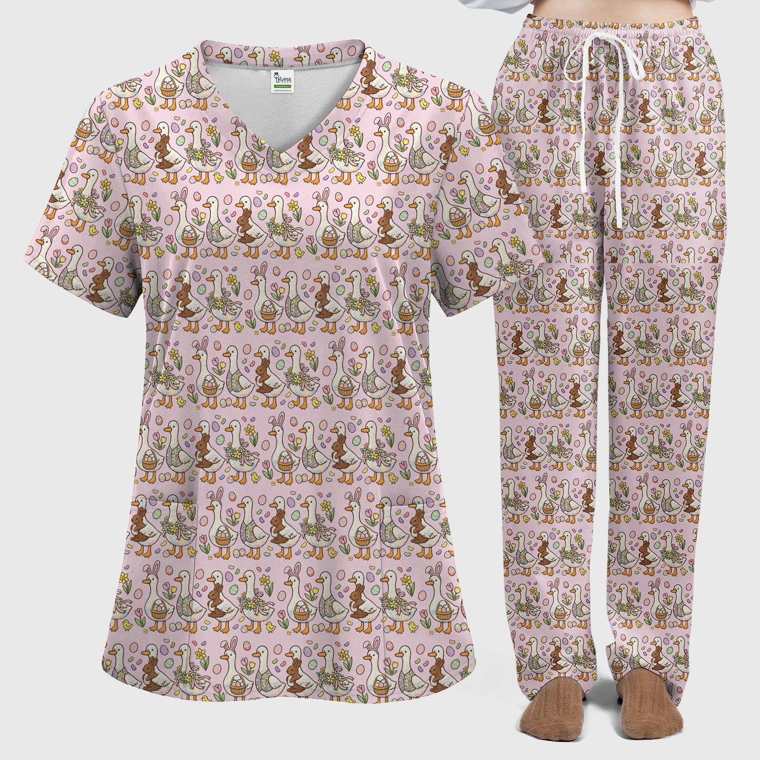 Easter Theme Duck and Bunny Egg Floral Print Scrub Set, Breathable Med Uniform
