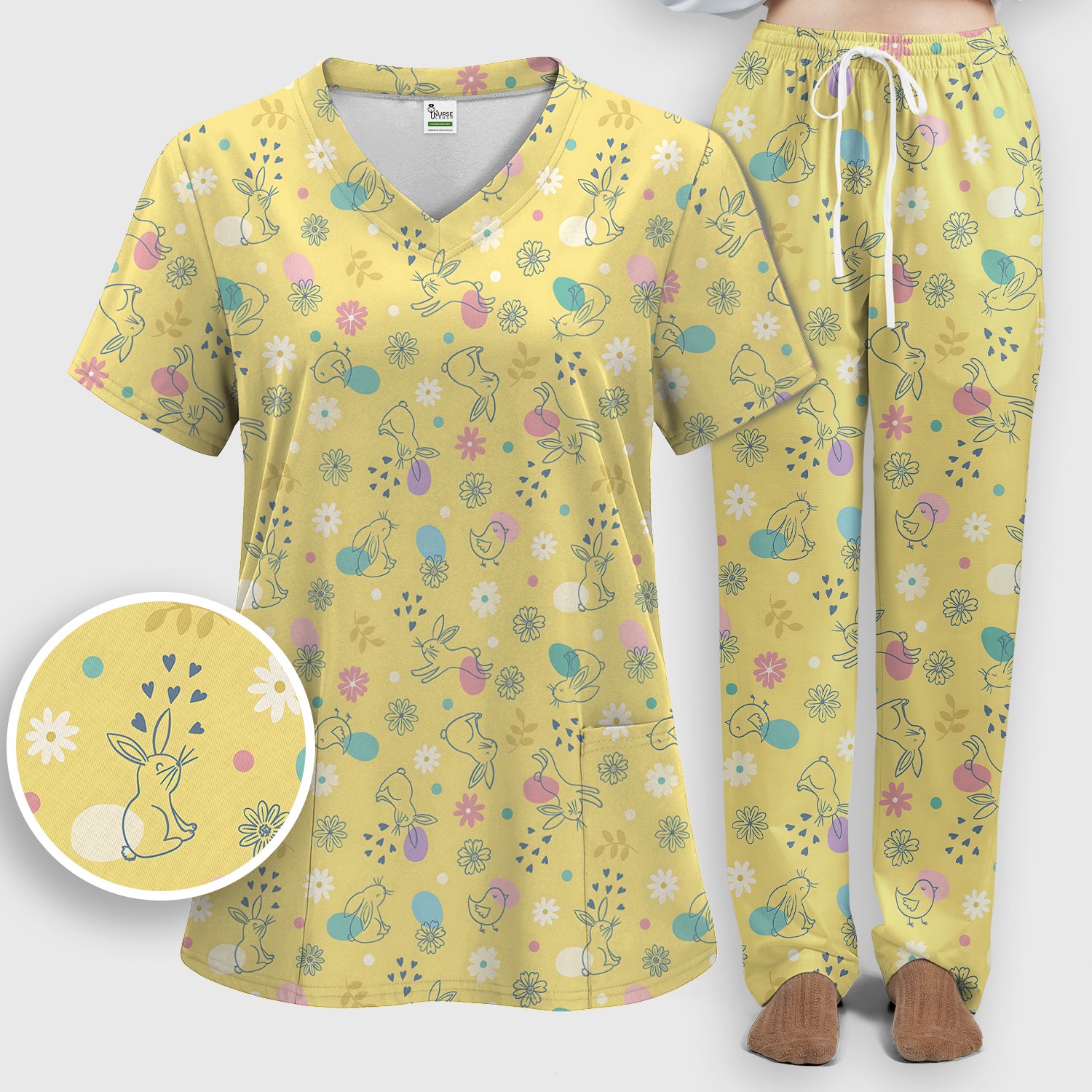 Whimsical Easter Bunny Eggs Pattern Scrub Top, Comfortable Scrubs for Nurses