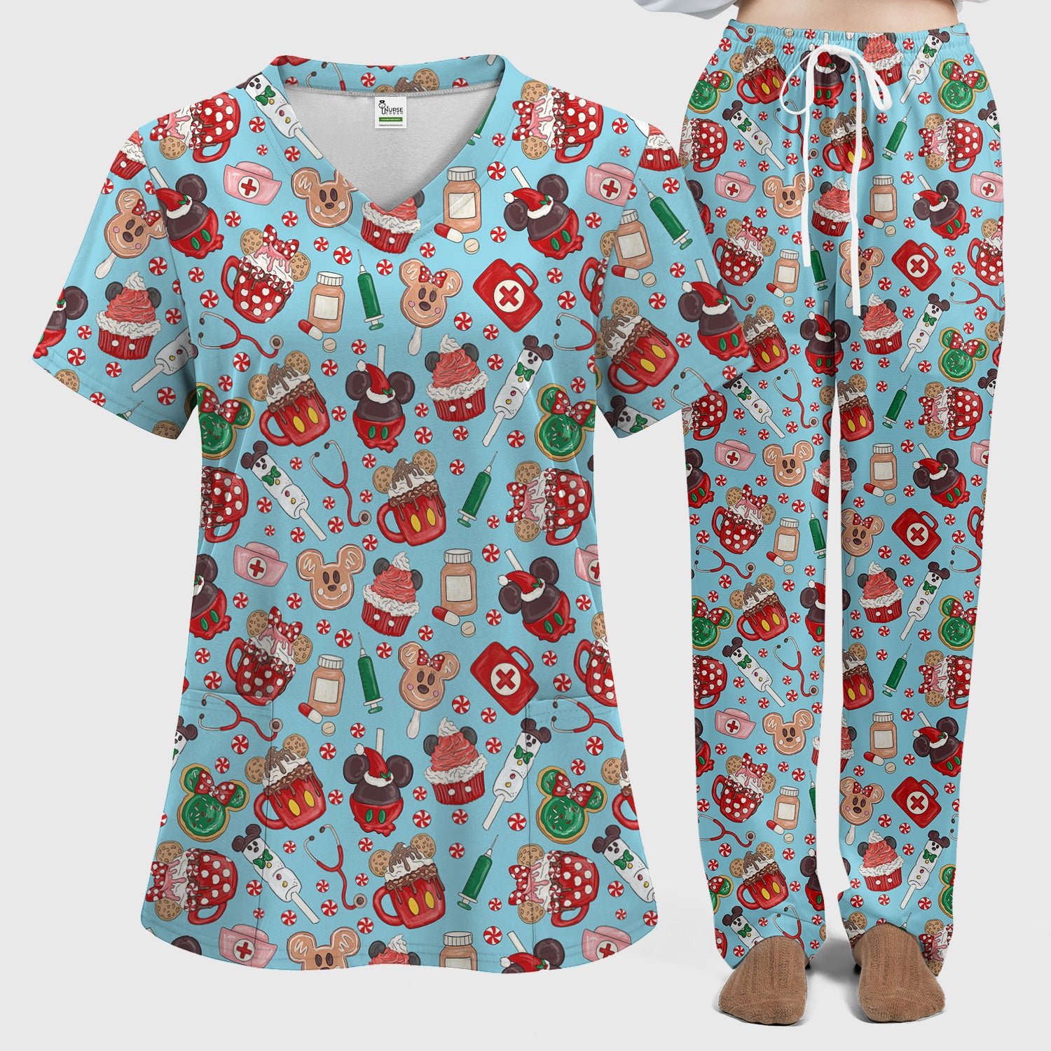 Gingerbread Christmas Comfortable Scrub Set for Nurses - Funny Cookies Candy Cupcake Pants and V Neck Top - Holiday Med Uniform