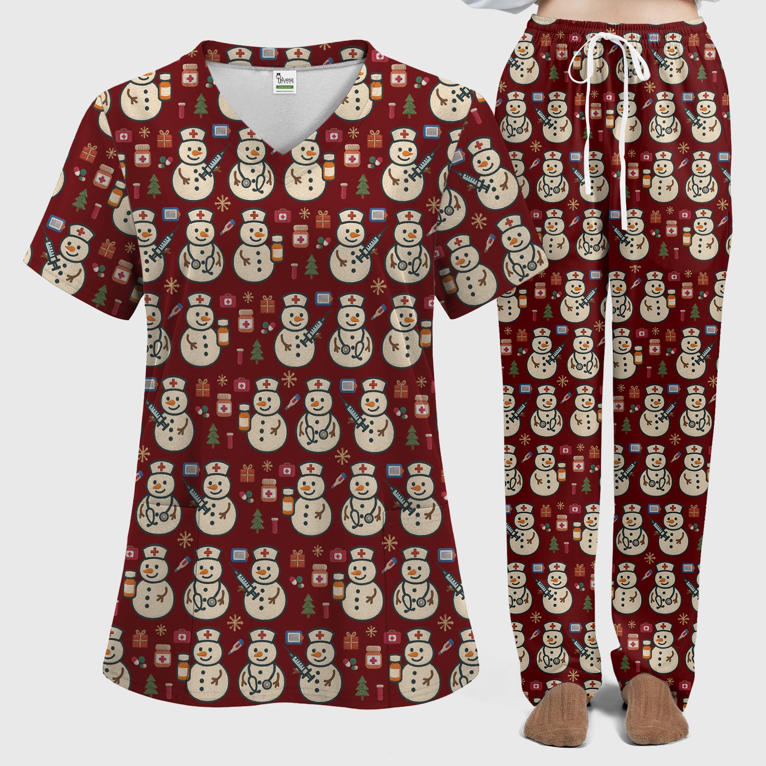 Snowman Nurse Christmas Scrub Set – Festive Medical Pattern Shirt – Cute Holiday Uniform For Nursing