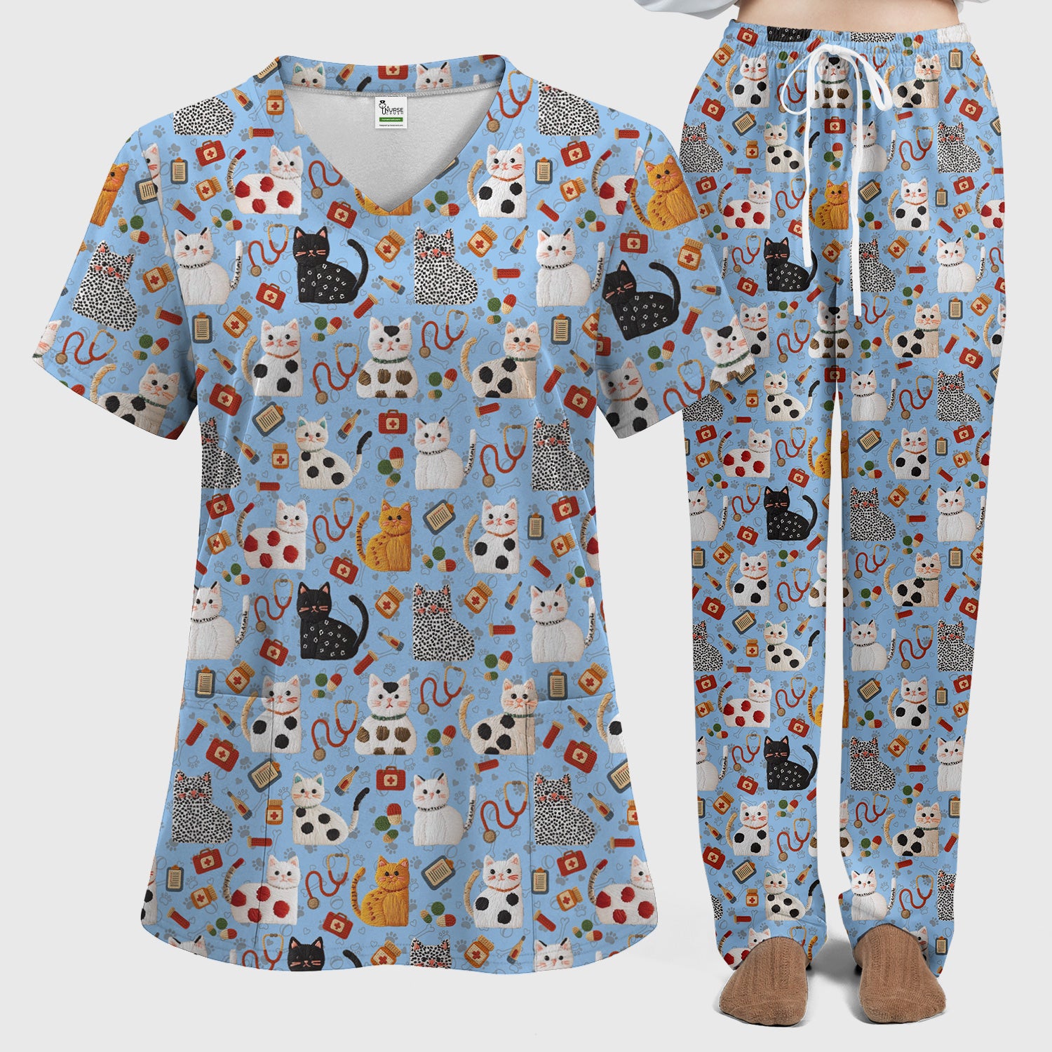 Cute Cat Scrub Set – Funny Veterinary Pattern Medical Shirt – Pet Lover Uniform For RN, LPN, CNA, and Vet Staff