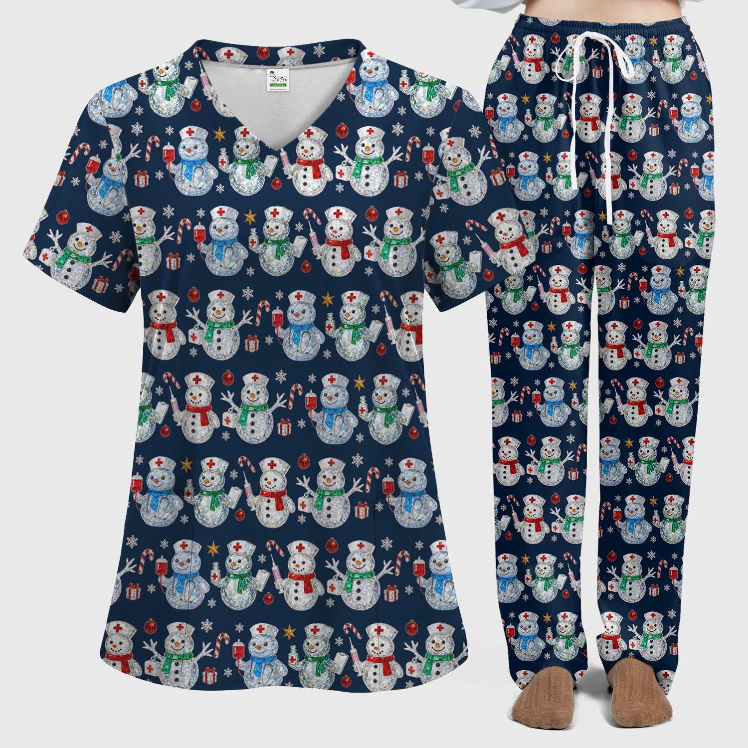 Nurse Snowman Christmas Scrub Set, Cute Holiday Medical Pattern Shirt For Women, Winter Snowflake Nursing Uniform
