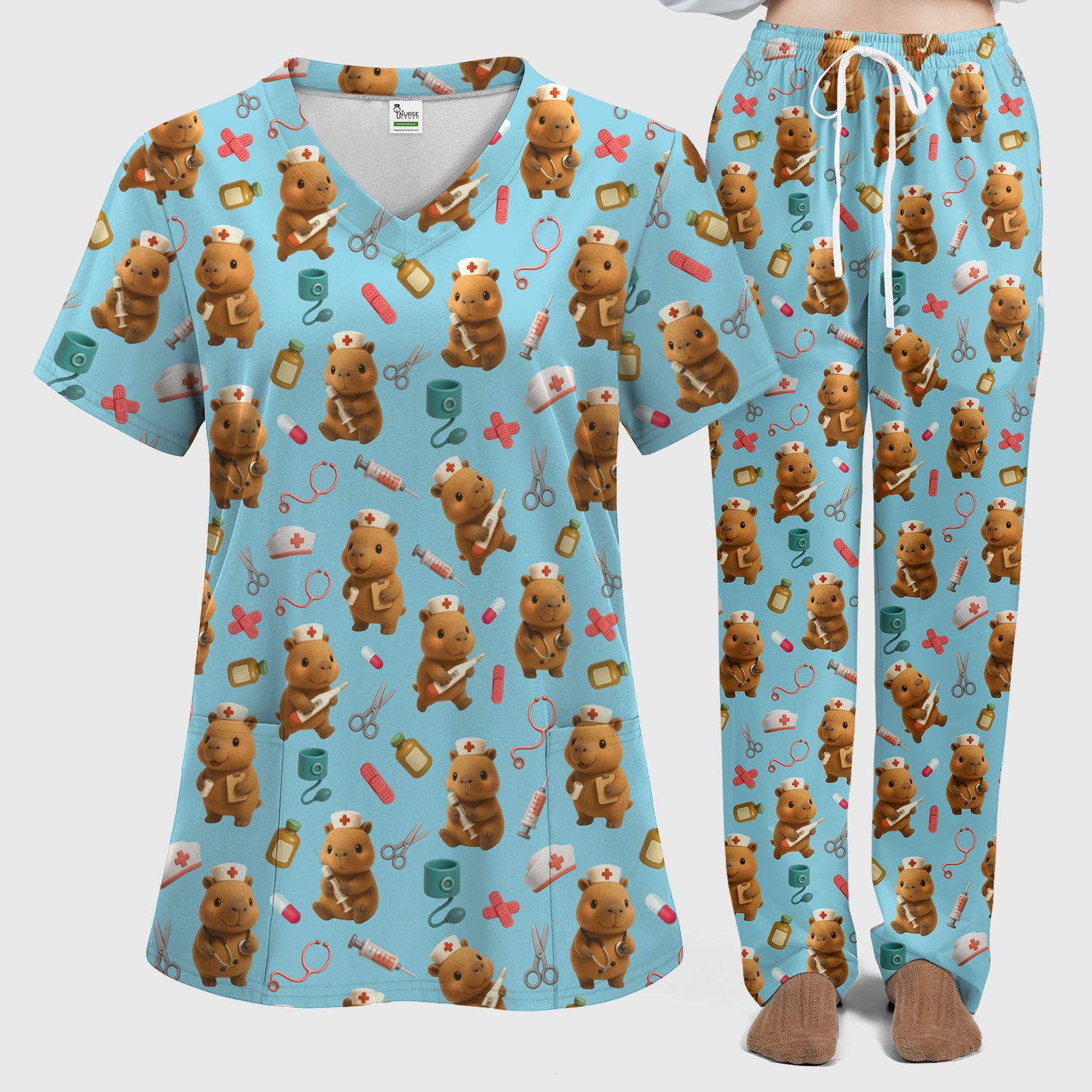 Bear Nurse Scrub Set for Women - Cute Animal Pattern Christmas Scrubs - Funny Medical Scrub Tops and Pants Gift Idea