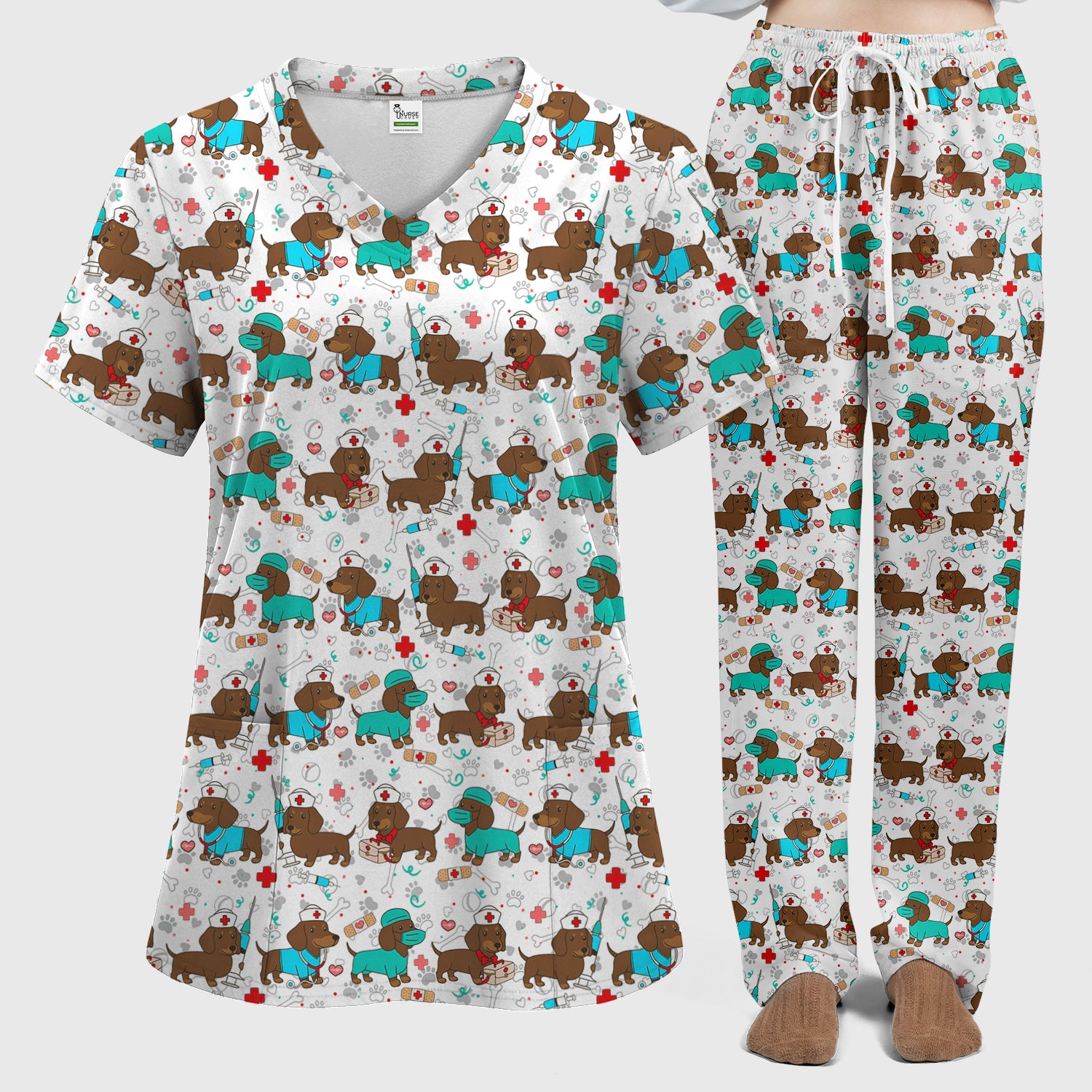 Cute Wiener Dog Dachshund Nurse Scrub Set, Funny Dachshund Dog Scrubs Shirt, Breathable Fabrics Nursing Uniform