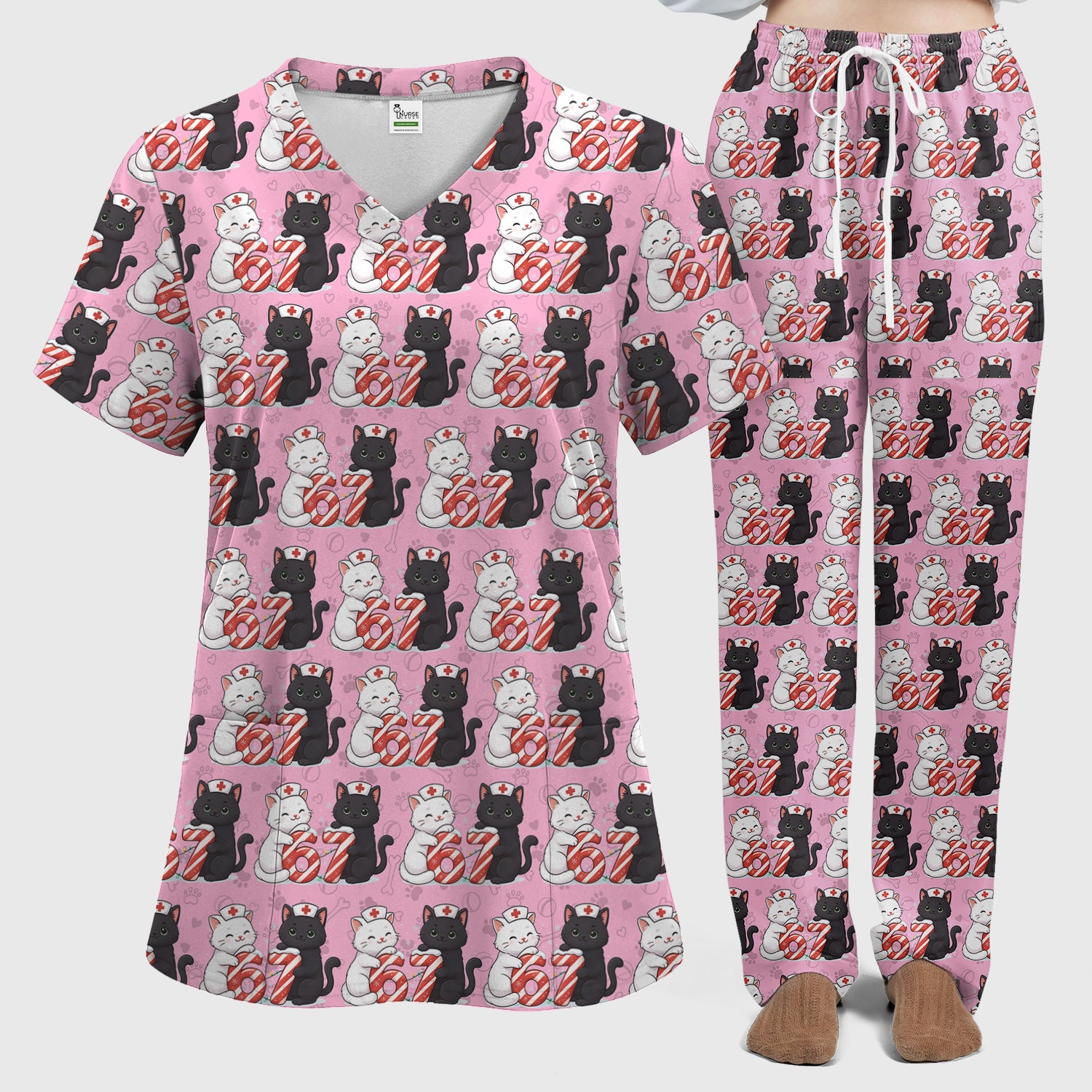 Xmas Cat Pattern Scrub Set, Christmas Nurse Six Seven With Cat Scrub Shirt, Breathable Fabrics Nursing Uniform