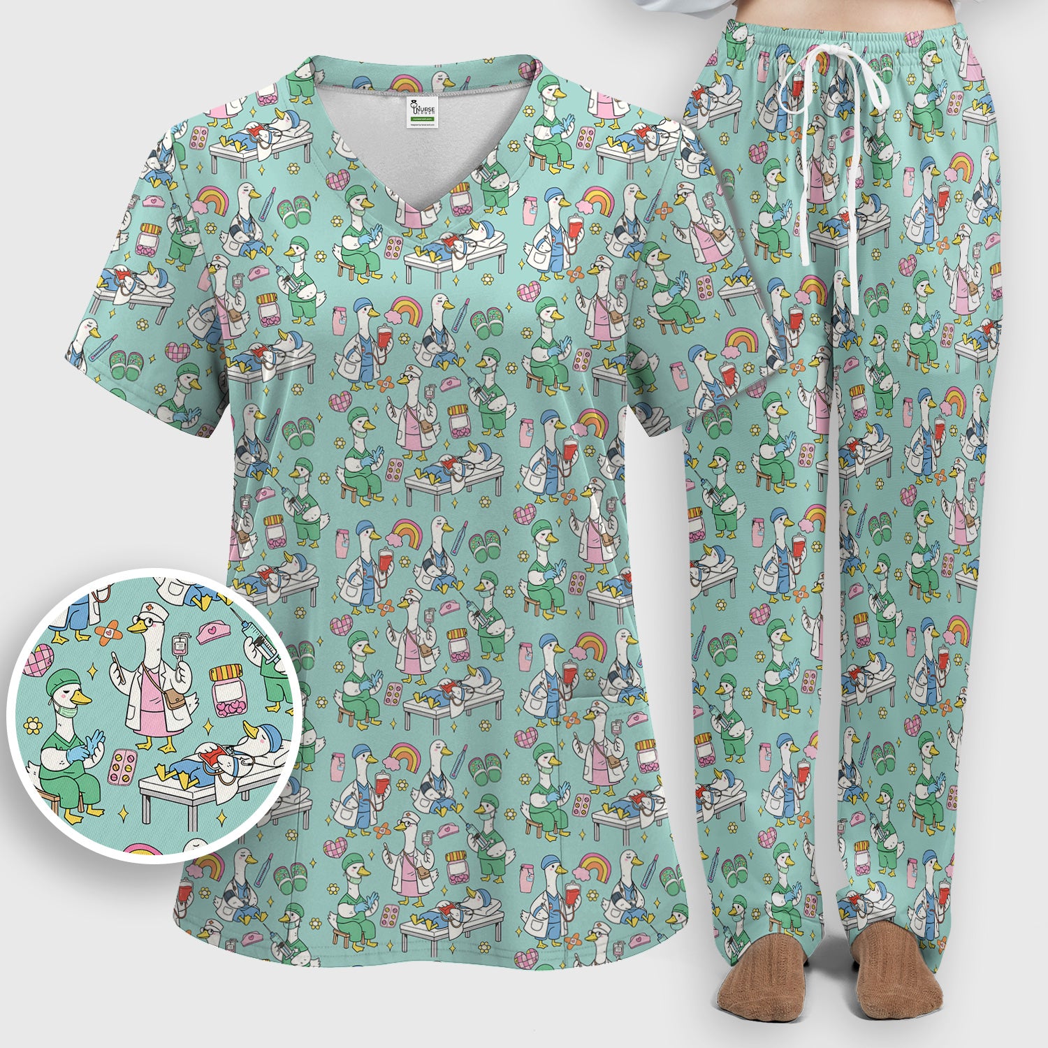 Funny Nurse Duck Medical Doodle Pattern Scrub Set, Scrub Pants and V Neck Top