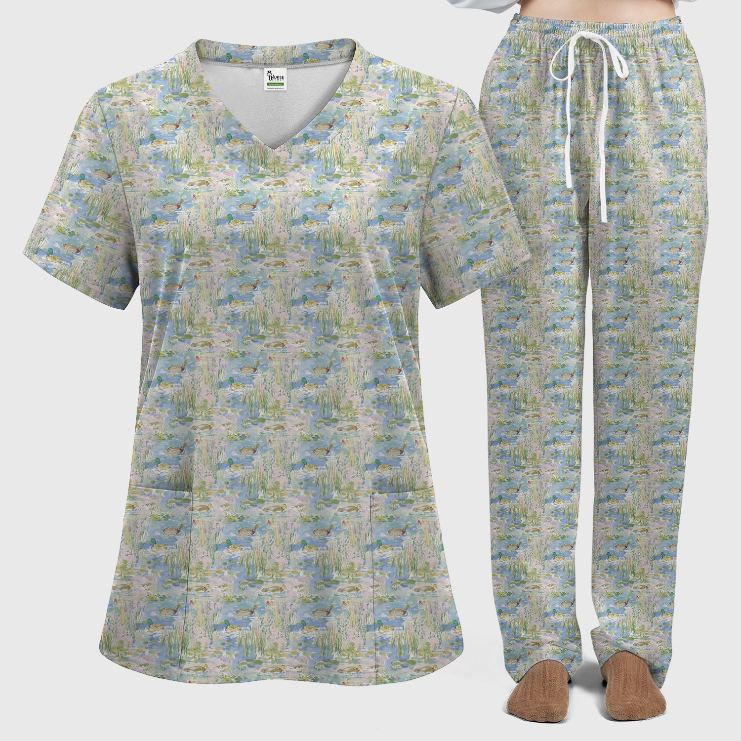 Ducks in Pond Nature Print Scrub Set, Scrub Pants and V Neck Top