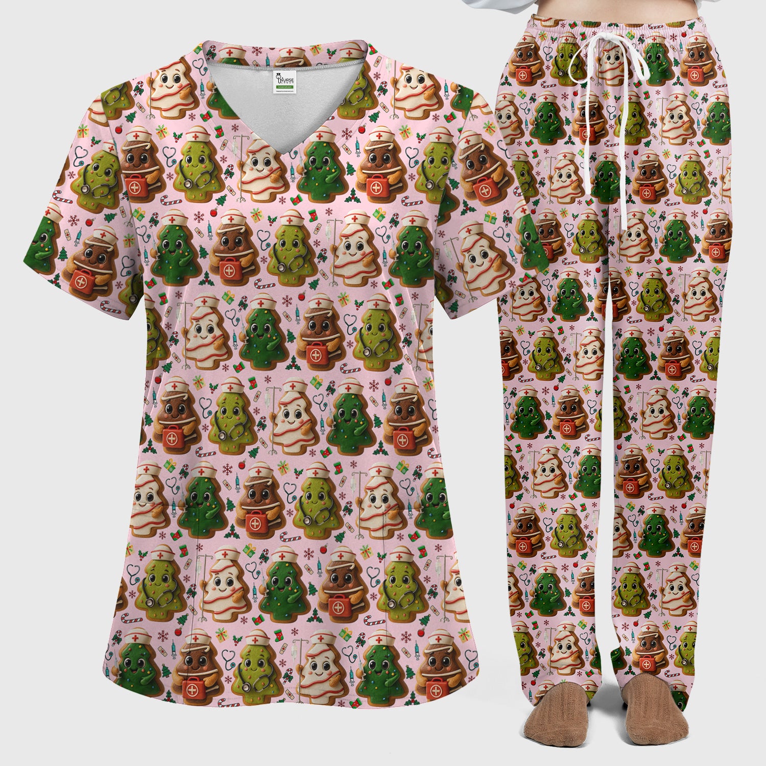 Christmas Cookie Scrub Set – Festive Nurse & Holiday Tree Pattern – Cute Medical Uniform for Nurses, Vets and Healthcare Workers
