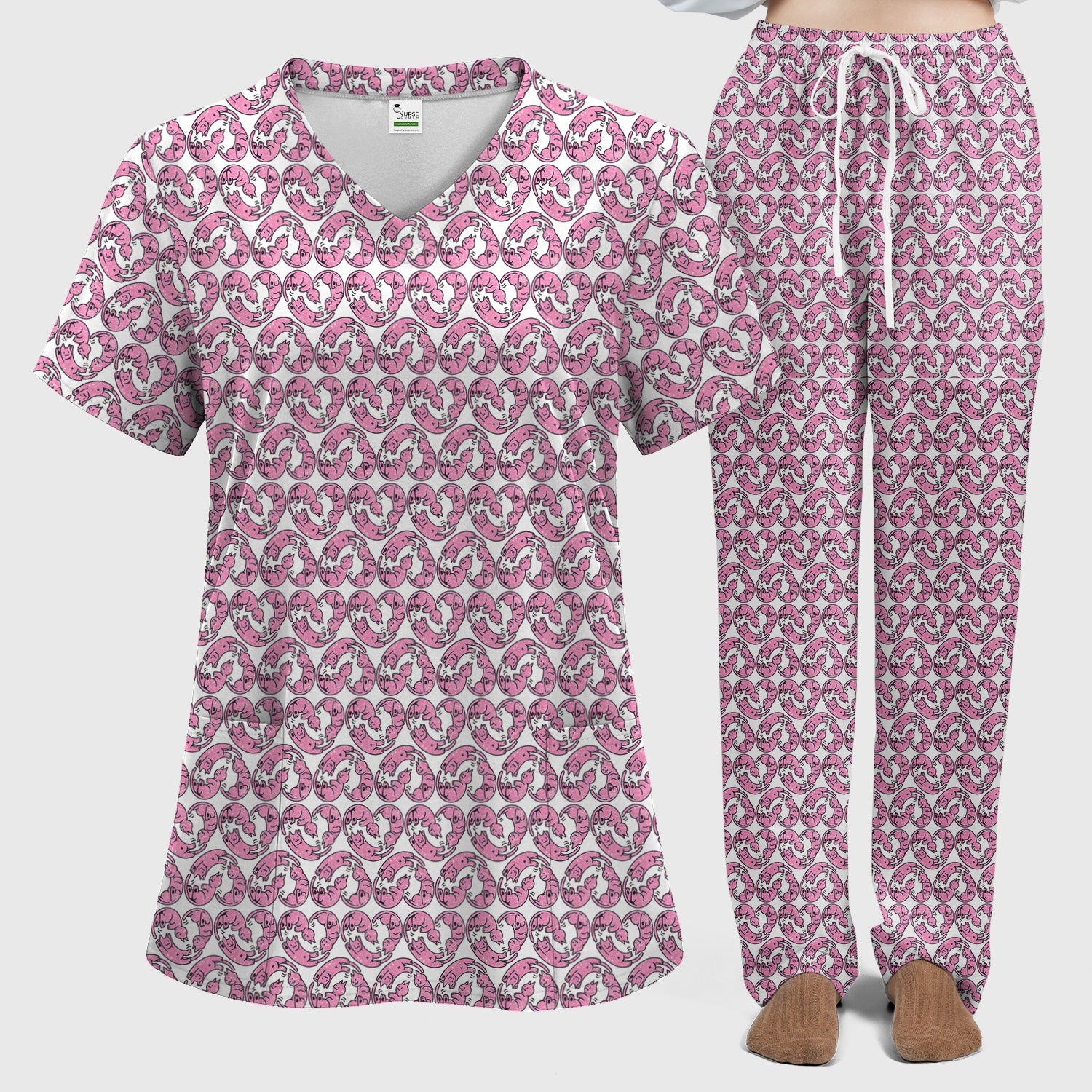 Cute Pink Cat Cartoon All Over Print Set, Women’s Scrub Sets