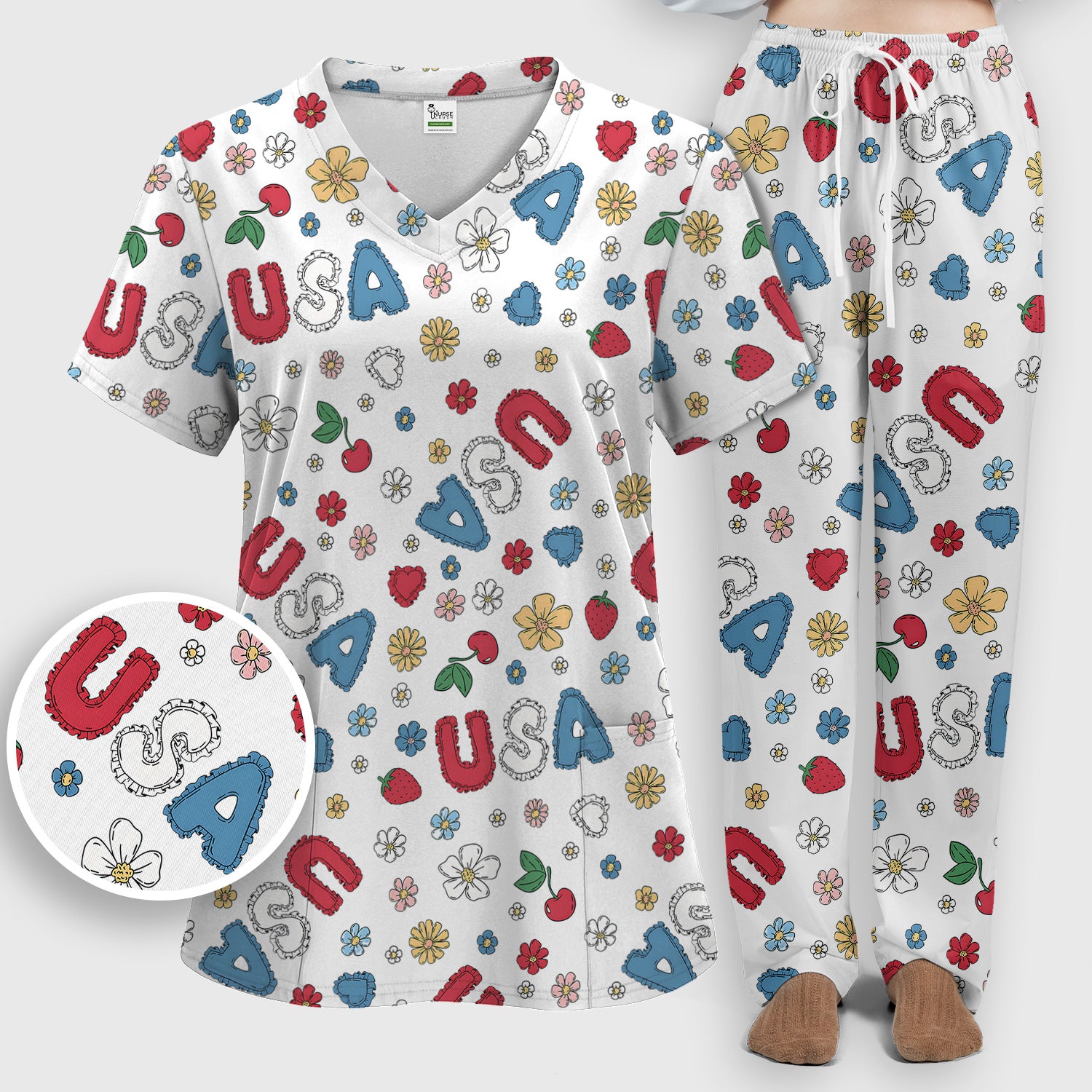 USA Cherry Strawberry Floral Patch Pattern Scrub Set, Scrub Pants and V Neck Top