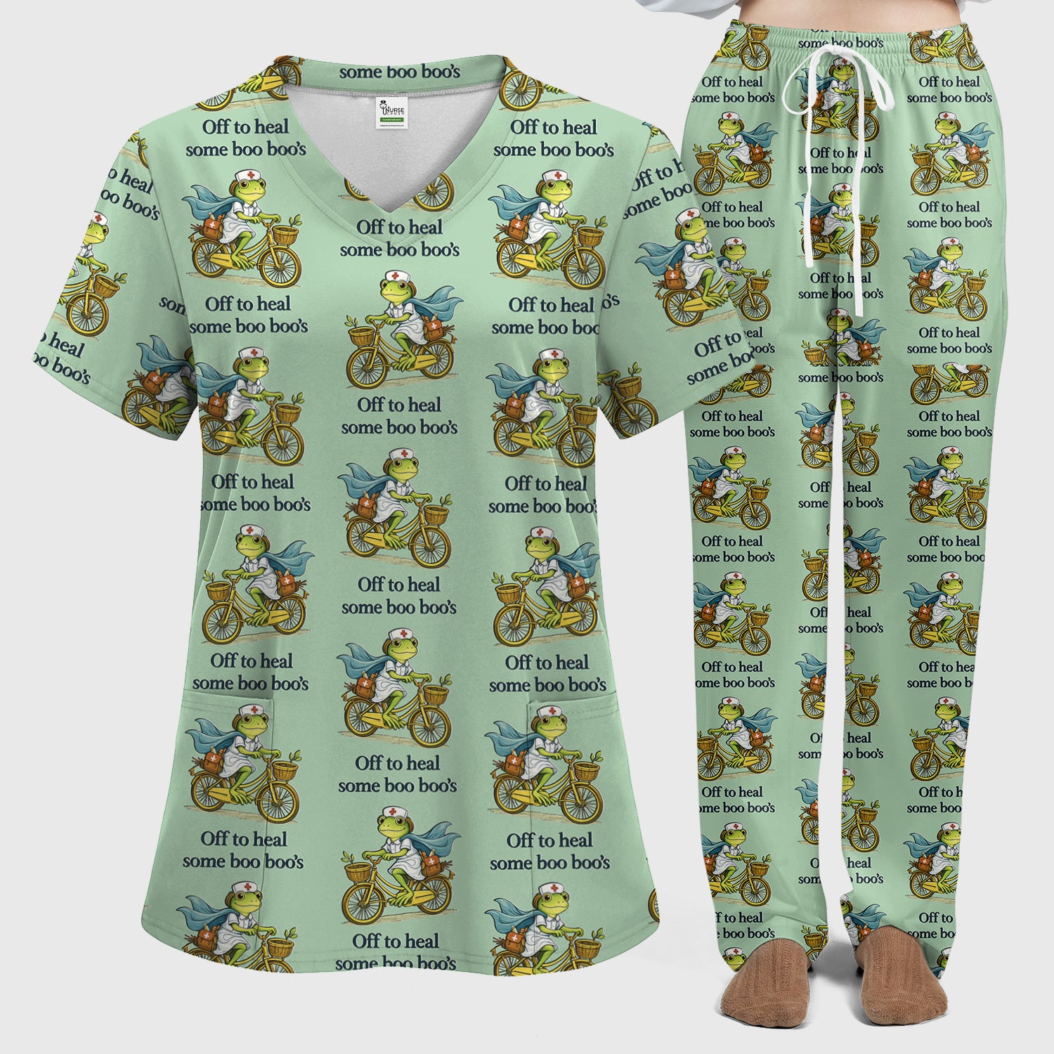 Funny Frog Nurse Cycling Pattern Scrub Set, Scrubs Pants and V Neck Top