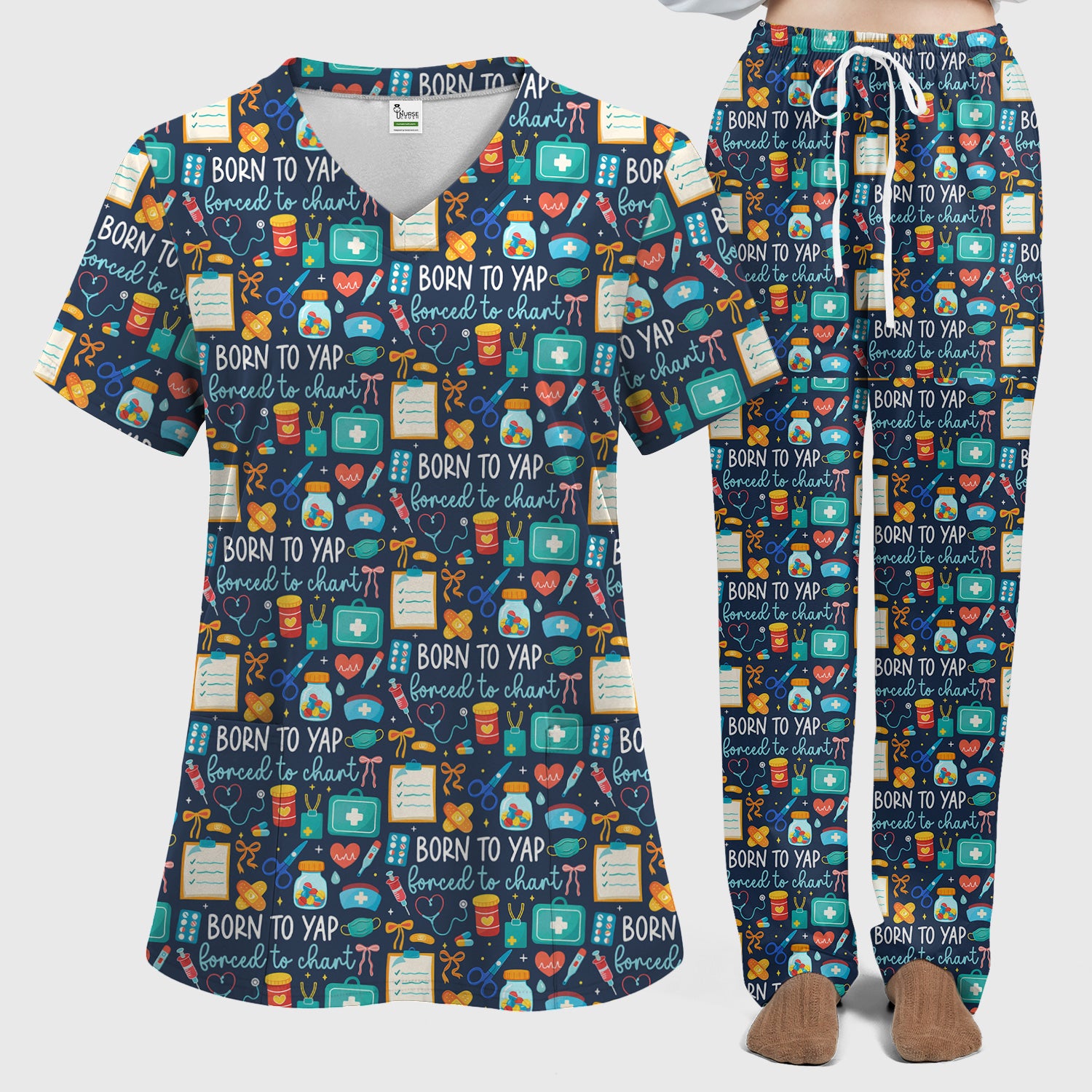 Born To Yap Medical Tools Pattern Scrub Set, Scrub Pants and V Neck Top
