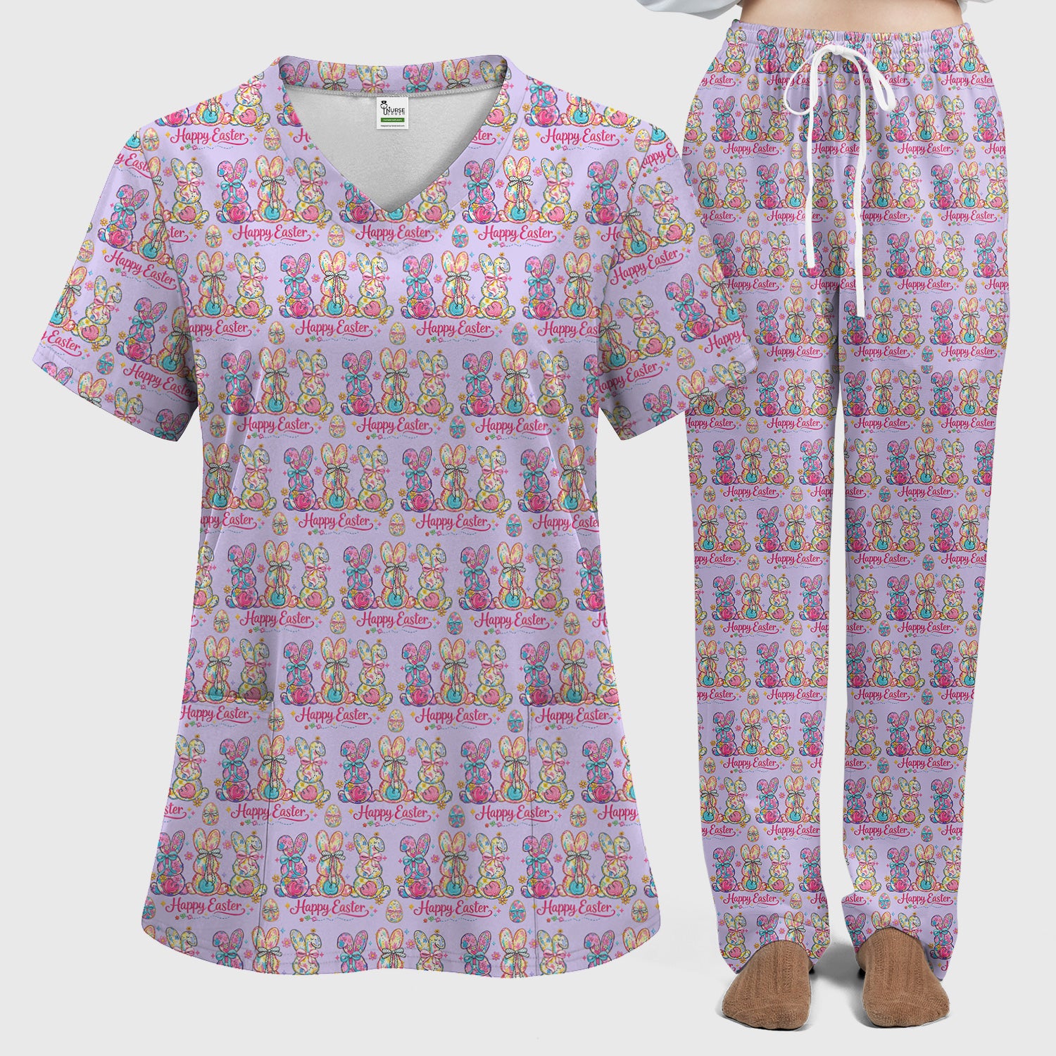 Pink Happy Easter Bunny Pattern Scrub Set, Scrub Pants and V Neck Top