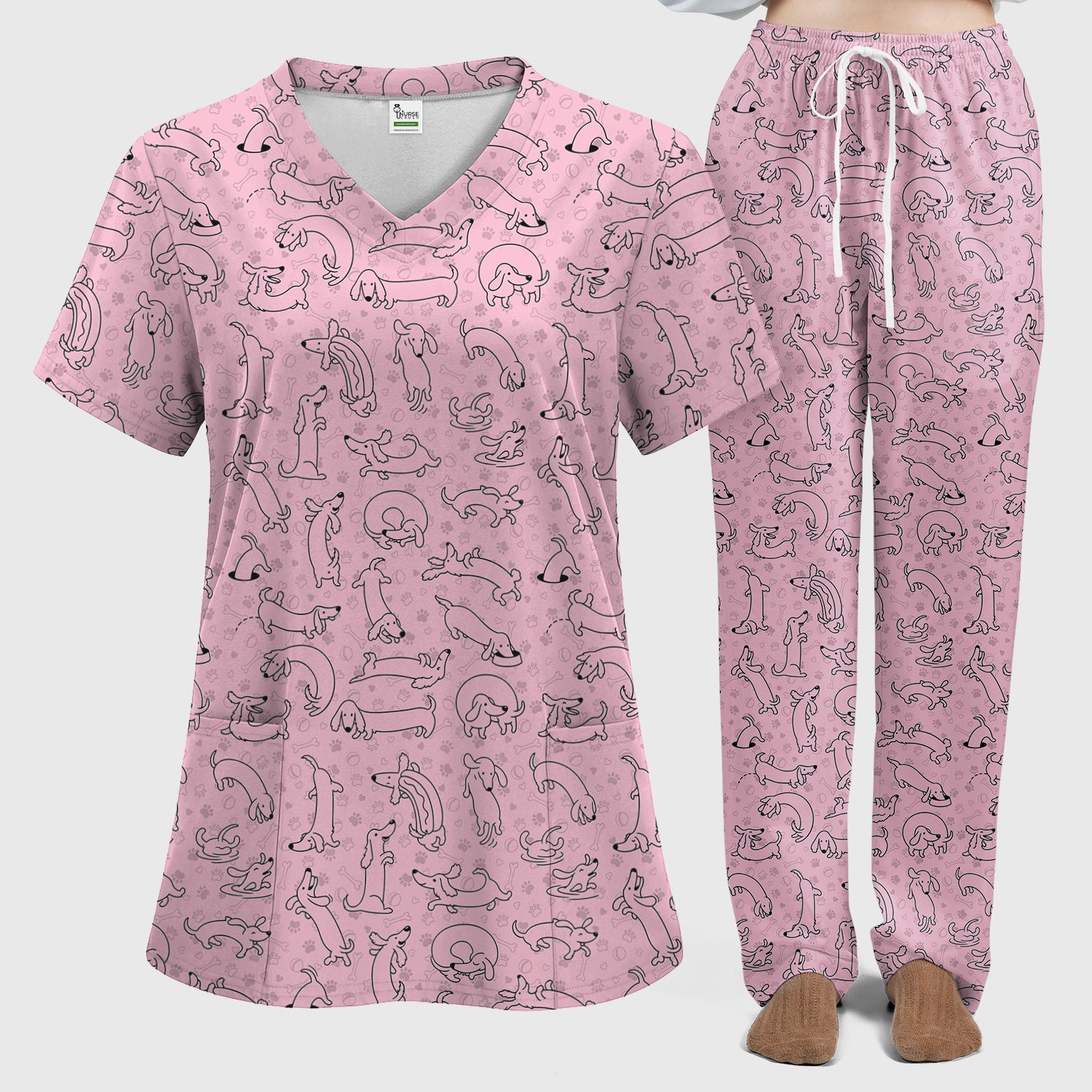 Playful Dachshund Dog Line Art Print Scrub Set, Scrub Pants and V Neck Top