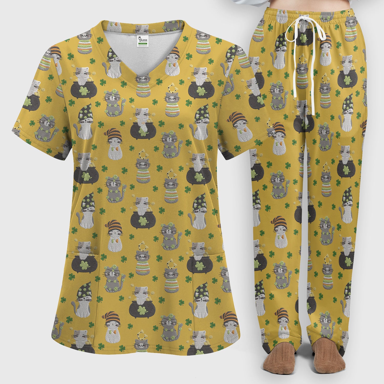 St. Patrick’s Day Scrub Set, Lucky Cat With Shamrock Pattern Shirt, Breathable Fabrics Nursing Uniform