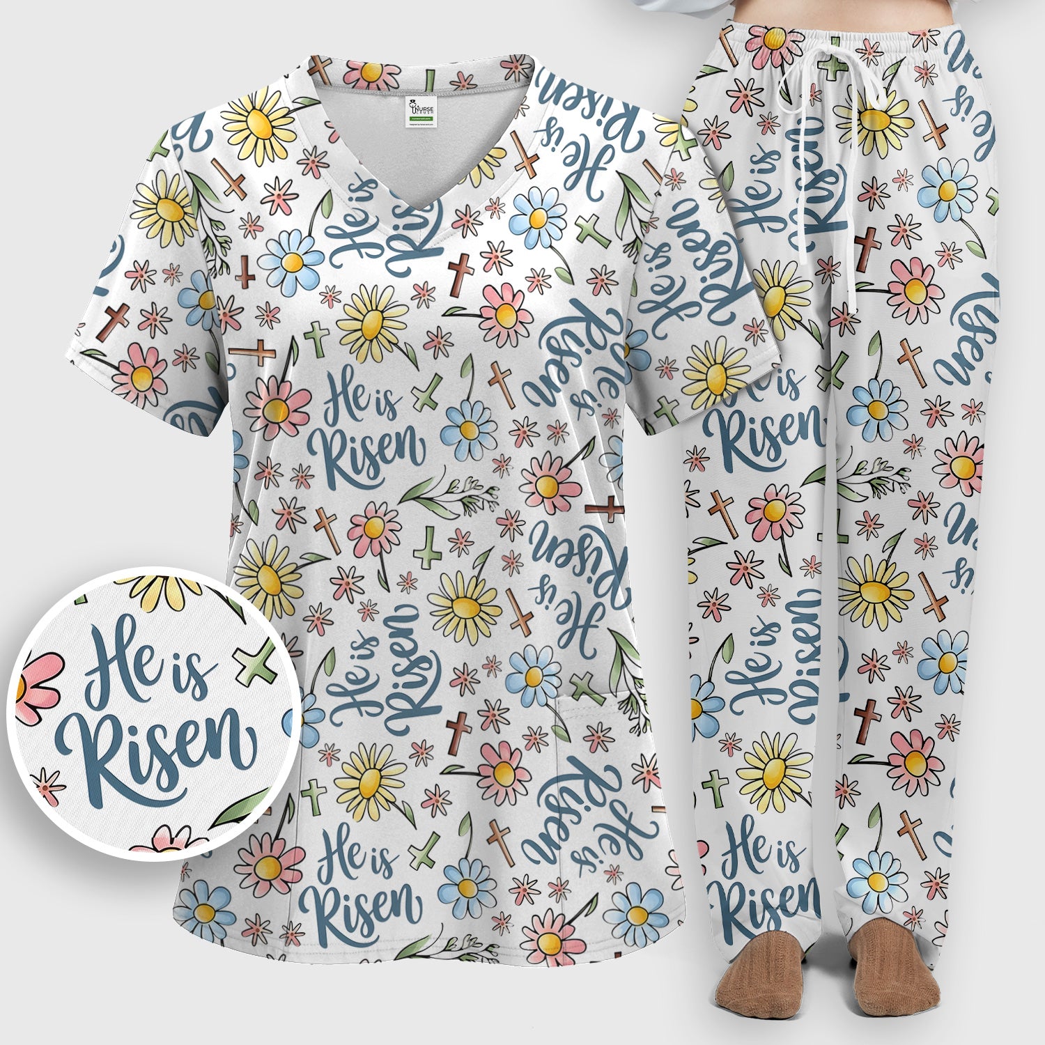 He Is Risen Cross Flower Pattern Scrub Set, Nurse Uniform Scrubs Set