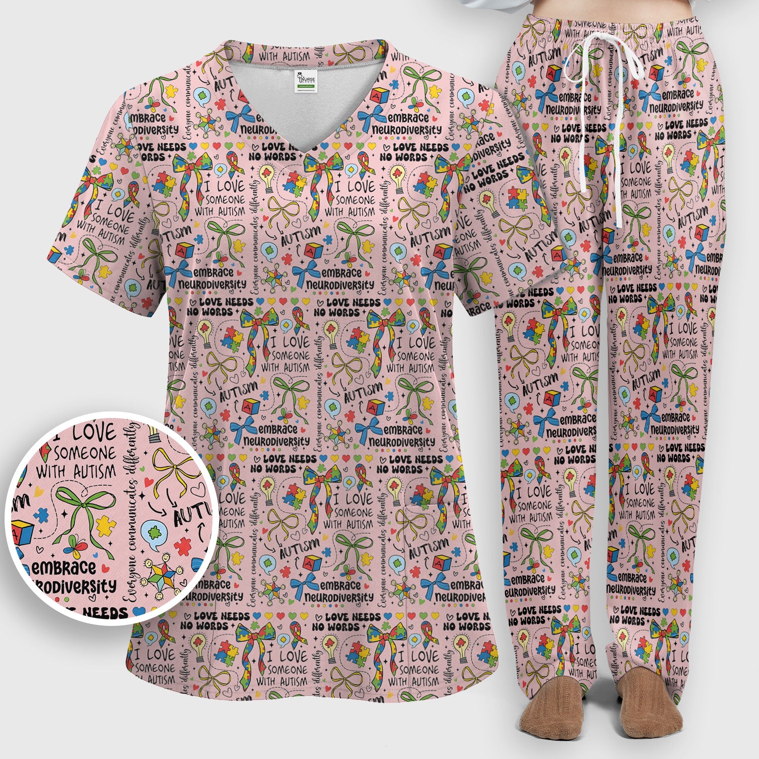 Autism Awareness Puzzle Ribbon Pattern Scrub Set, Scrub Pants and V Neck Top