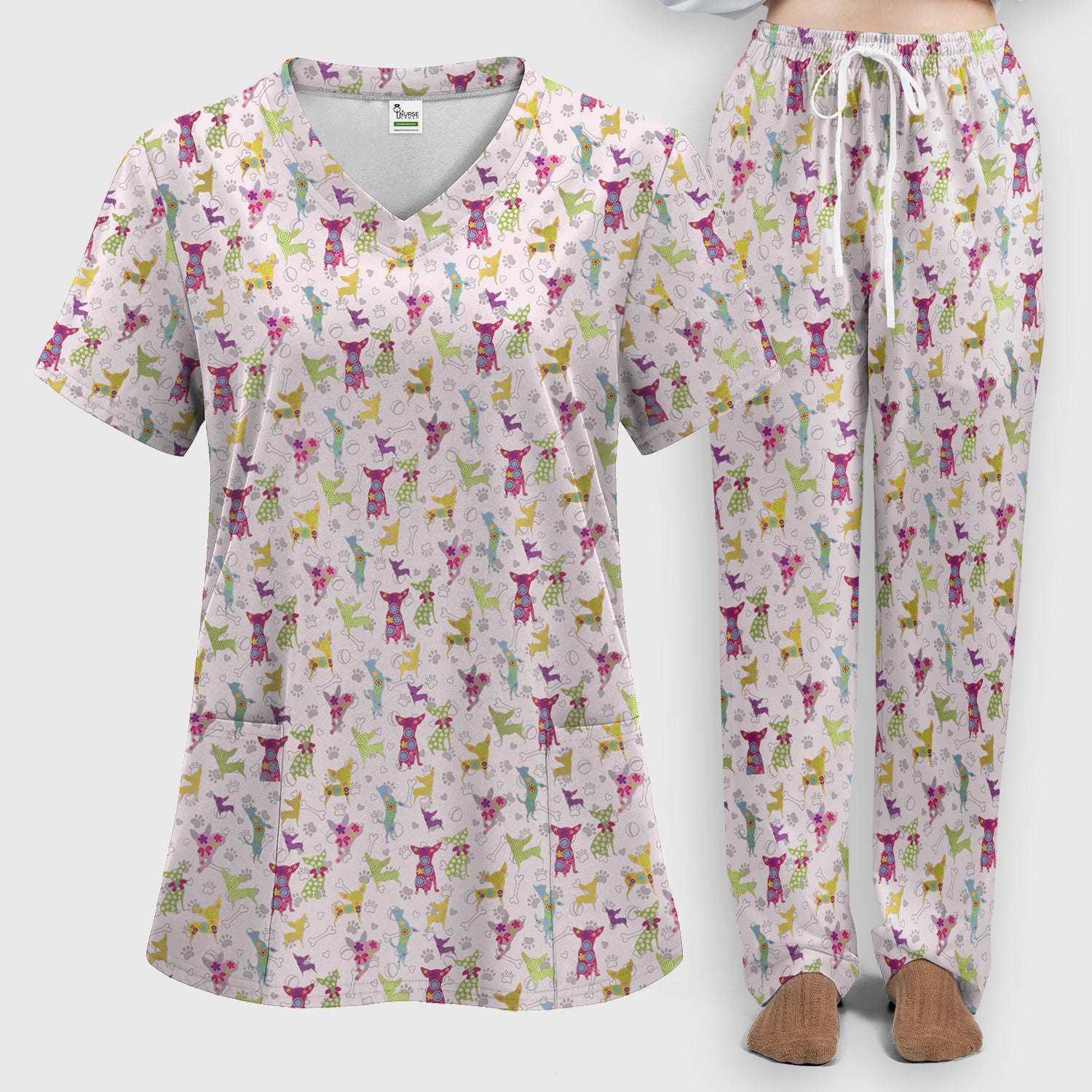 Colorful Playful Dog Print Nurse Scrub Set, Scrub Pants and V Neck Top