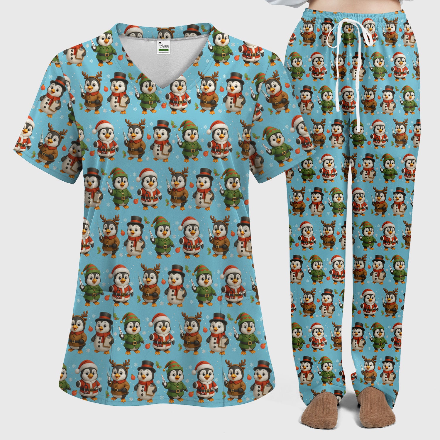 Penguin Christmas Scrubs Set - Adorable Holiday Pattern Scrub Top & Pants - Cute Penguin Scrubs for Women Christmas Season