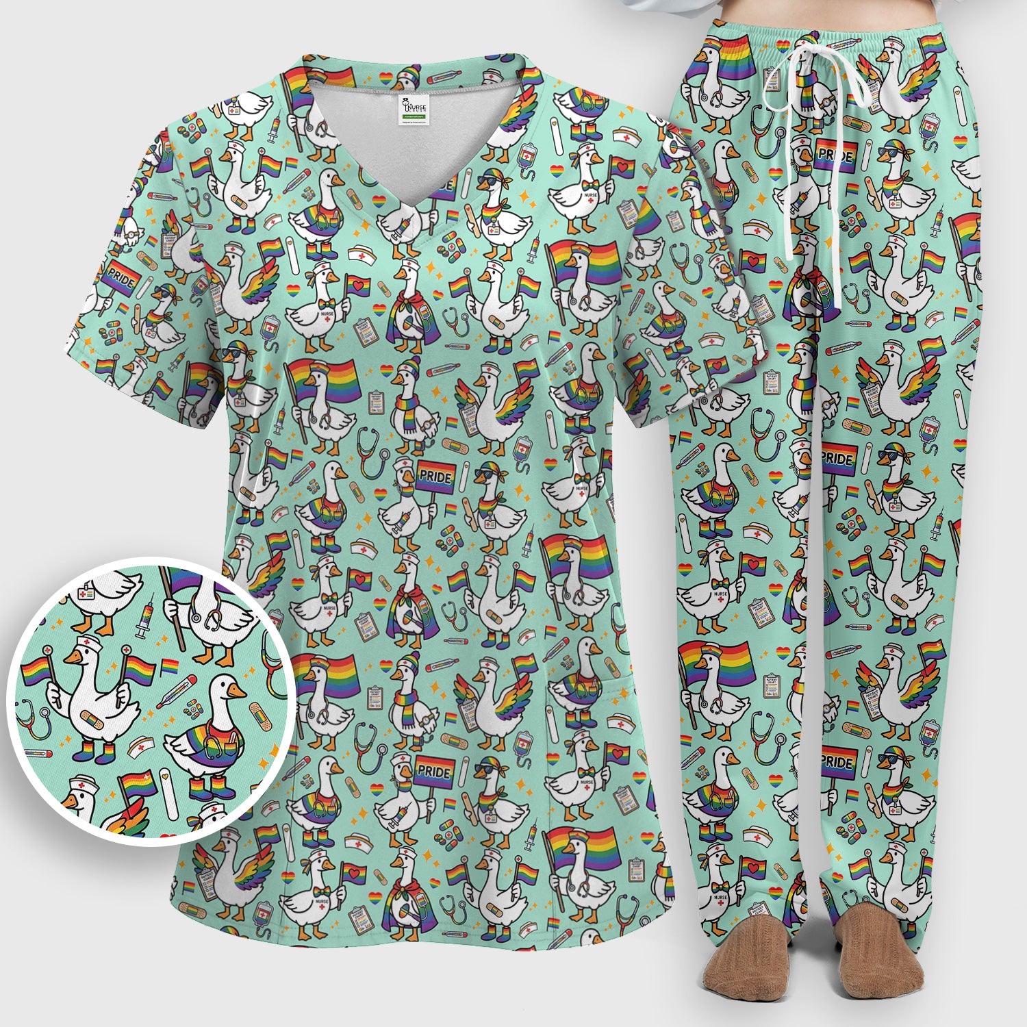 LGBT Pride Nurse Duck Pattern Scrub Set, Breathable Med Uniform