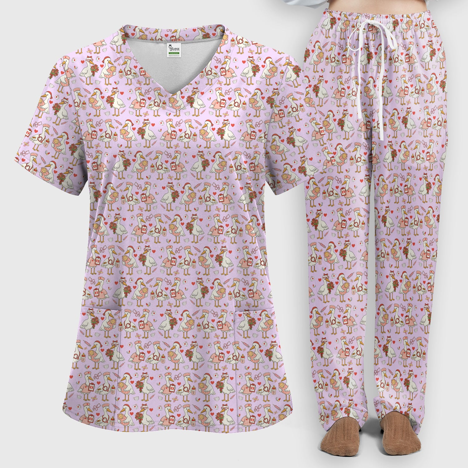 Cute Goose Nurse Valentine Print Scrub Set, Breathable Med Uniform