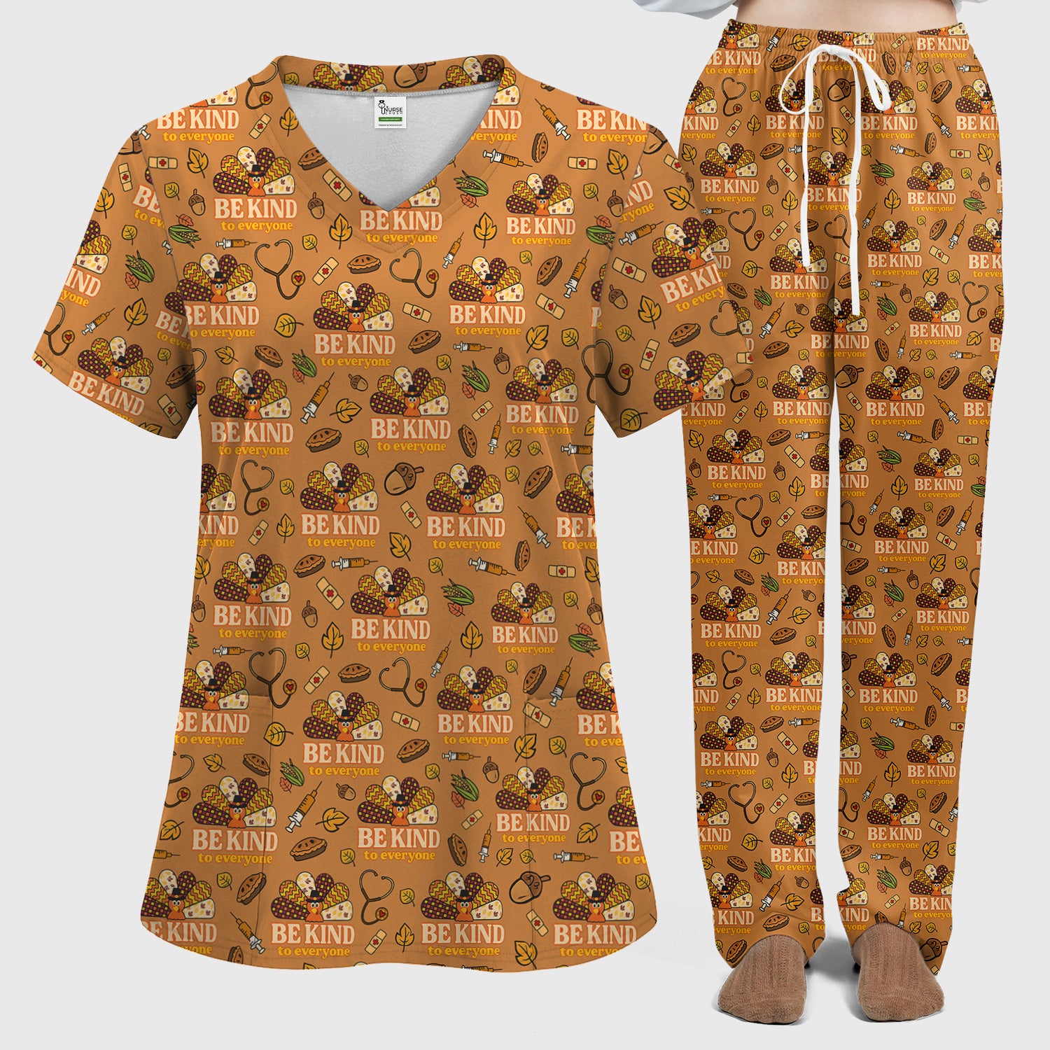 Thanksgiving Be Kind Scrub Set – Fall Nurse Shirt with Heart and Leaf Pattern – Cute Autumn Medical Uniform for Healthcare Staff
