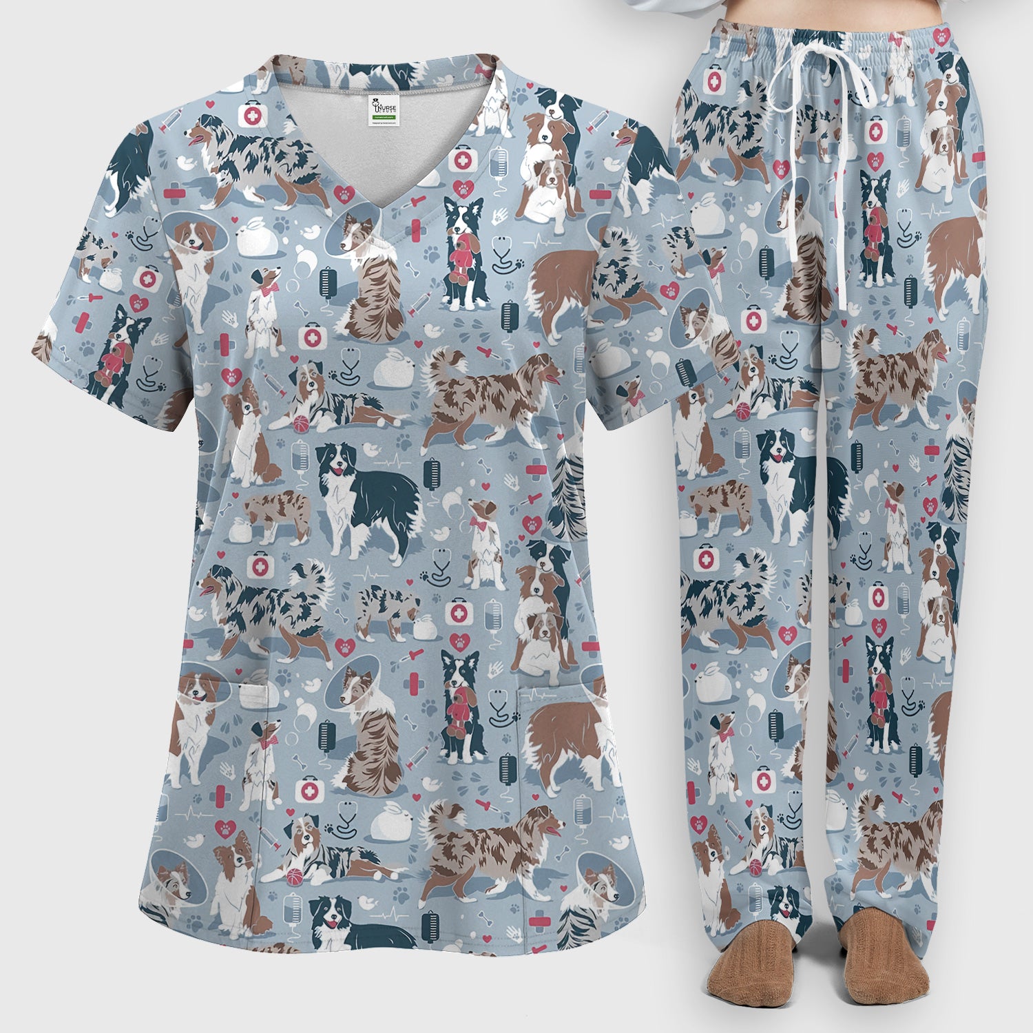 Cute Dog Pattern Women's Veterinary Scrub Set, Scrub Pants and V Neck Top
