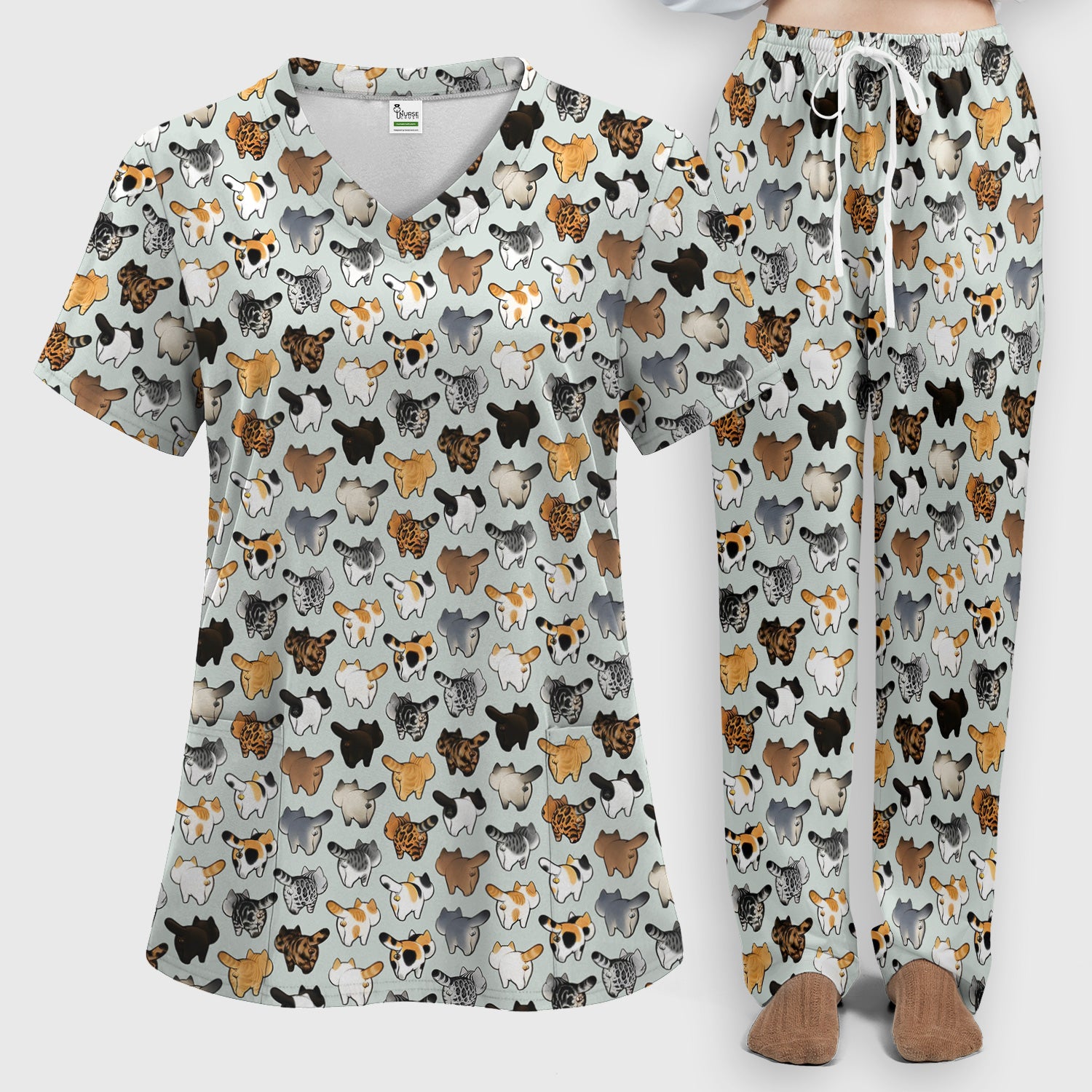 Cat Butt Pattern Medical Scrub Set, Breathable Fabrics Nursing Uniform