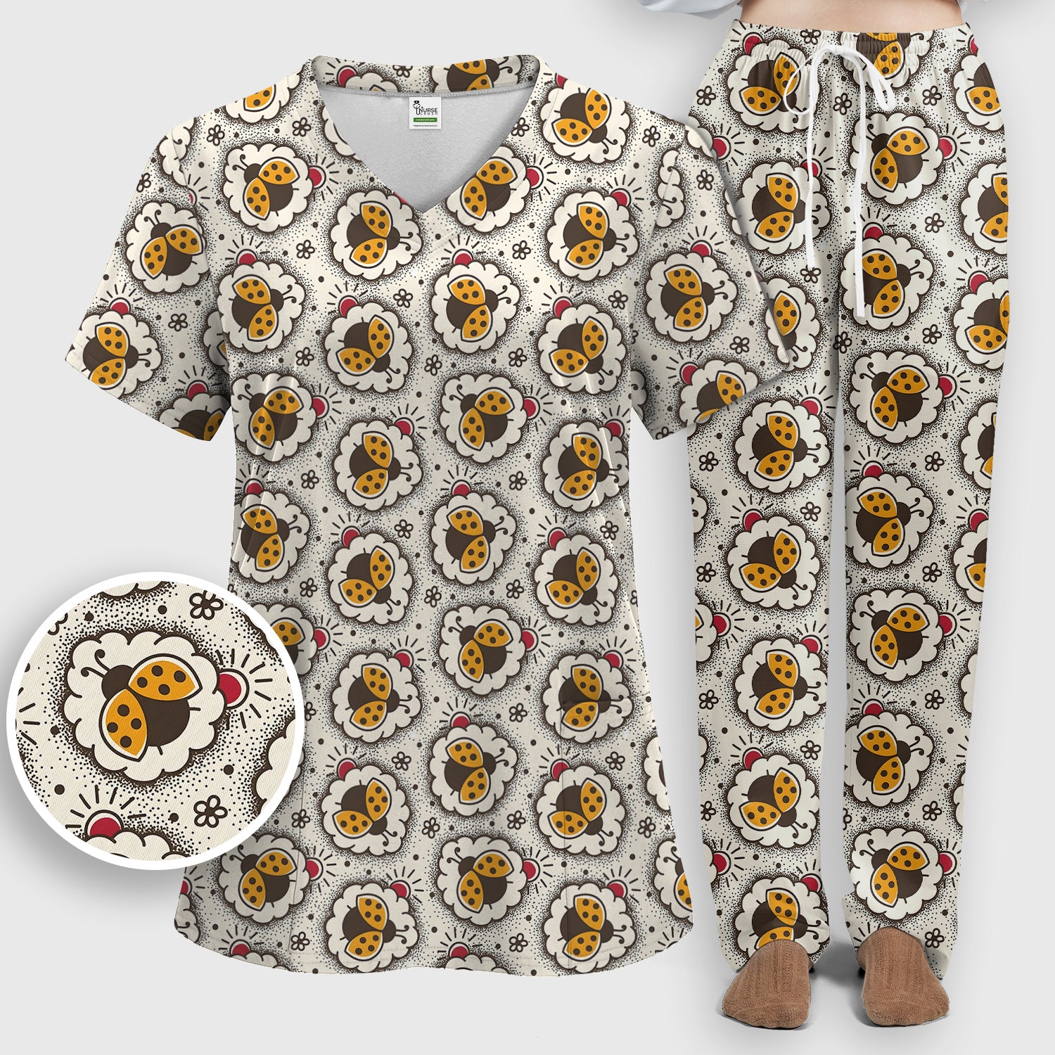 Cute Ladybug in Floral Frame Pattern Scrub Set, Breathable Med Uniform