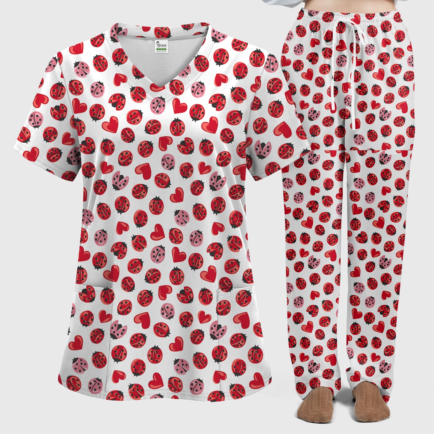 Cute Ladybug and Red Heart All Over Print Set, Women's Scrub Sets