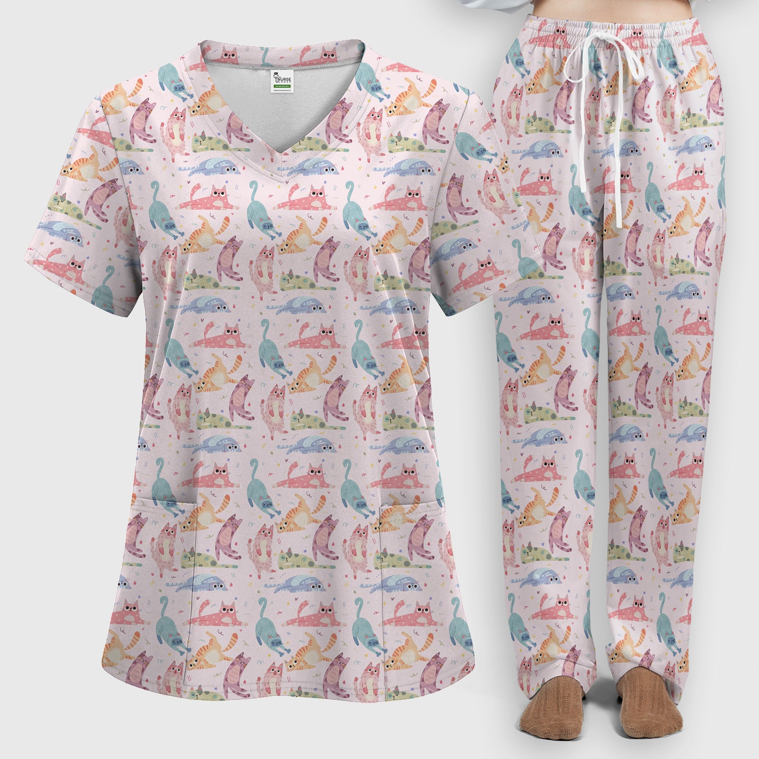 Funny Pastel Cat Pattern Medical Scrub Set, Breathable Fabrics Nursing Uniform