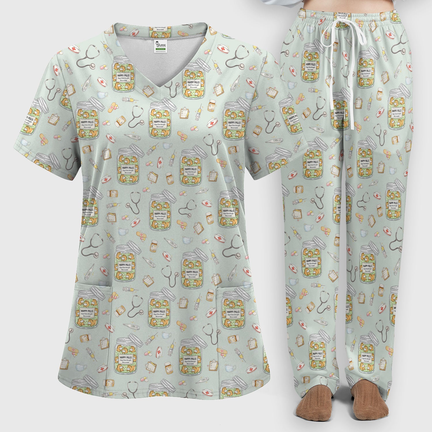 Happy Pills Horse Medical Print Women's Scrub Set, Scrub Pants and V-Neck Top