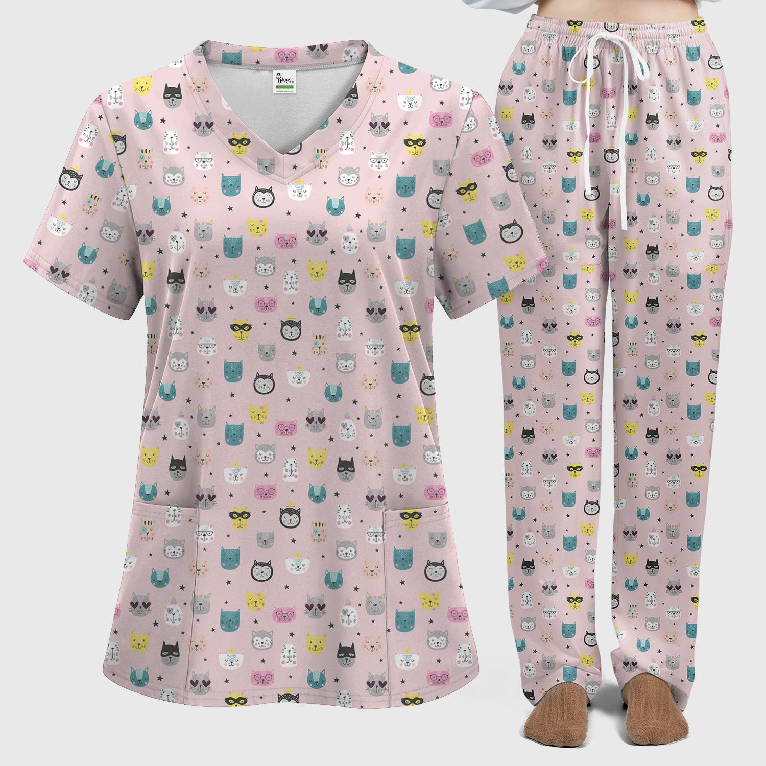 Cute Colorful Cat Pattern Women's Scrub Sets, Breathable Med Uniform
