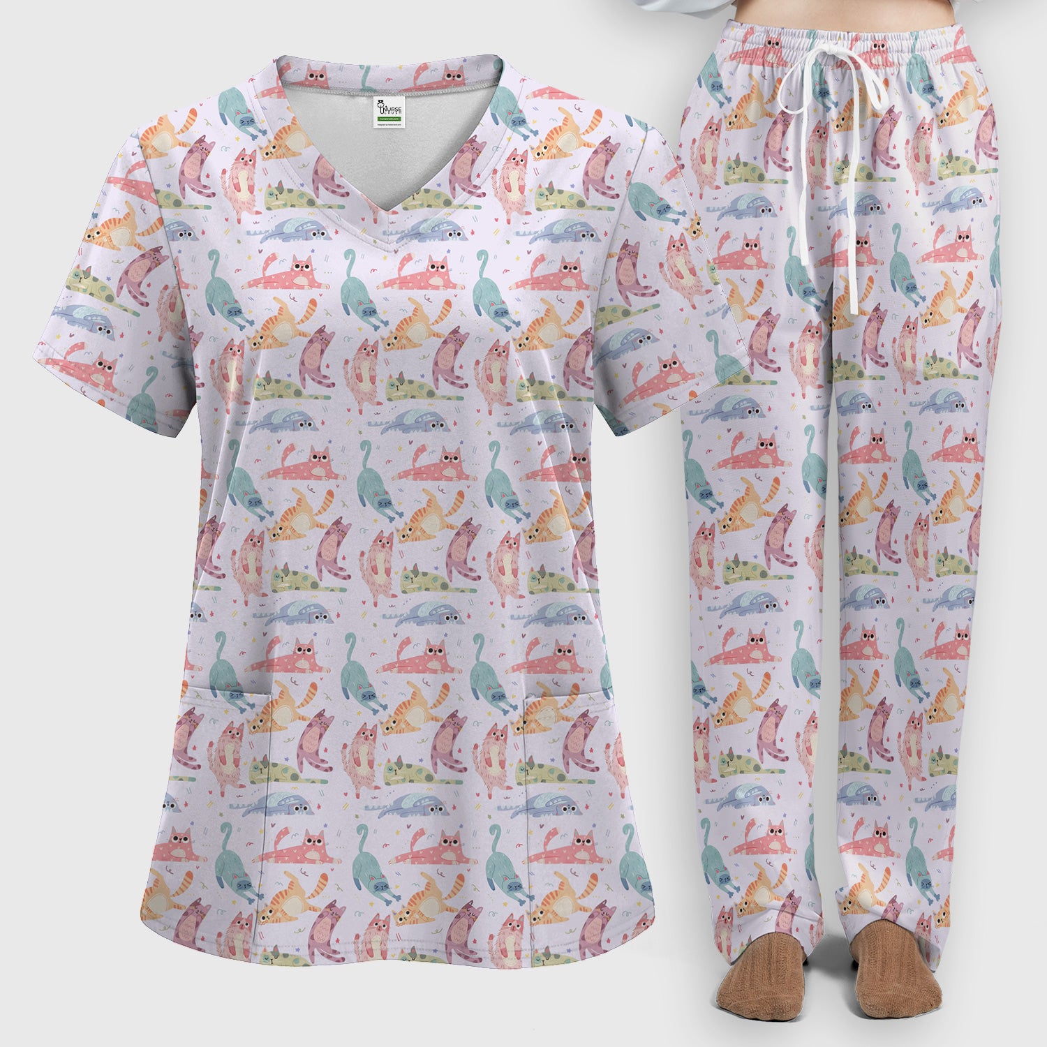 Funny Pastel Cat Pattern Medical Scrub Set, Breathable Fabrics Nursing Uniform