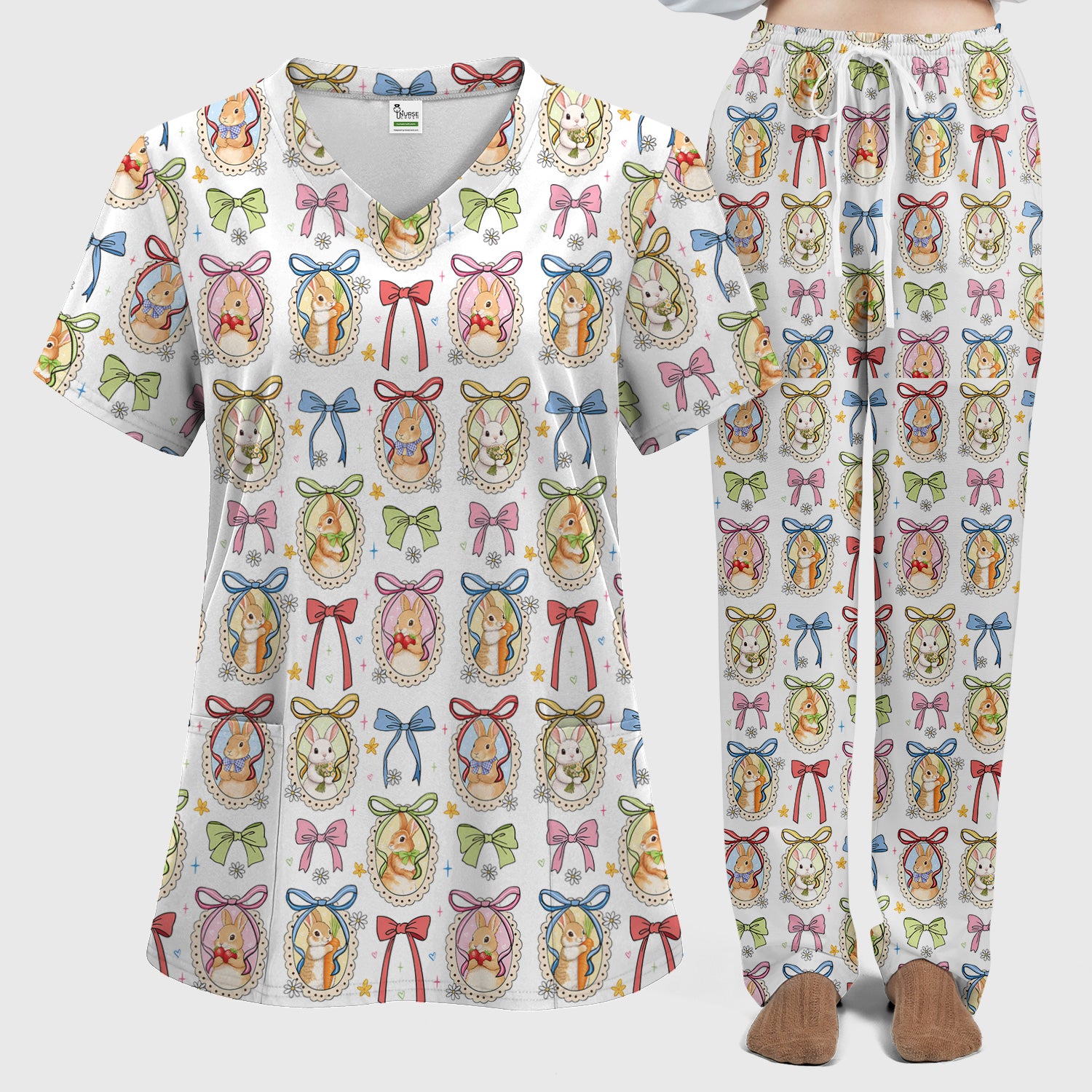 Cute Easter Bunny Cameo Colorful Bow Pattern Scrub Set, Breathable Med Uniform