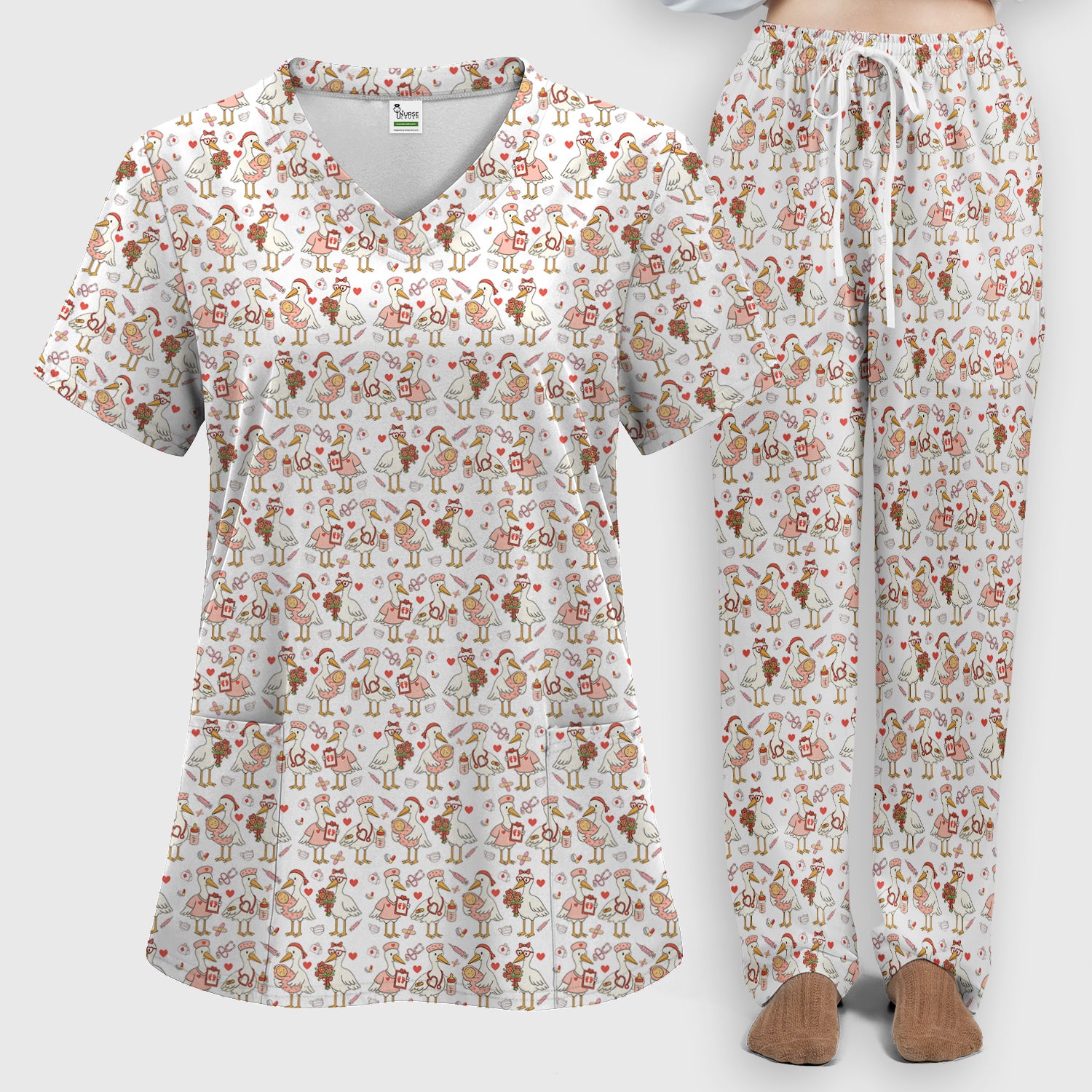 Cute Goose Nurse Valentine Print Scrub Set, Breathable Med Uniform