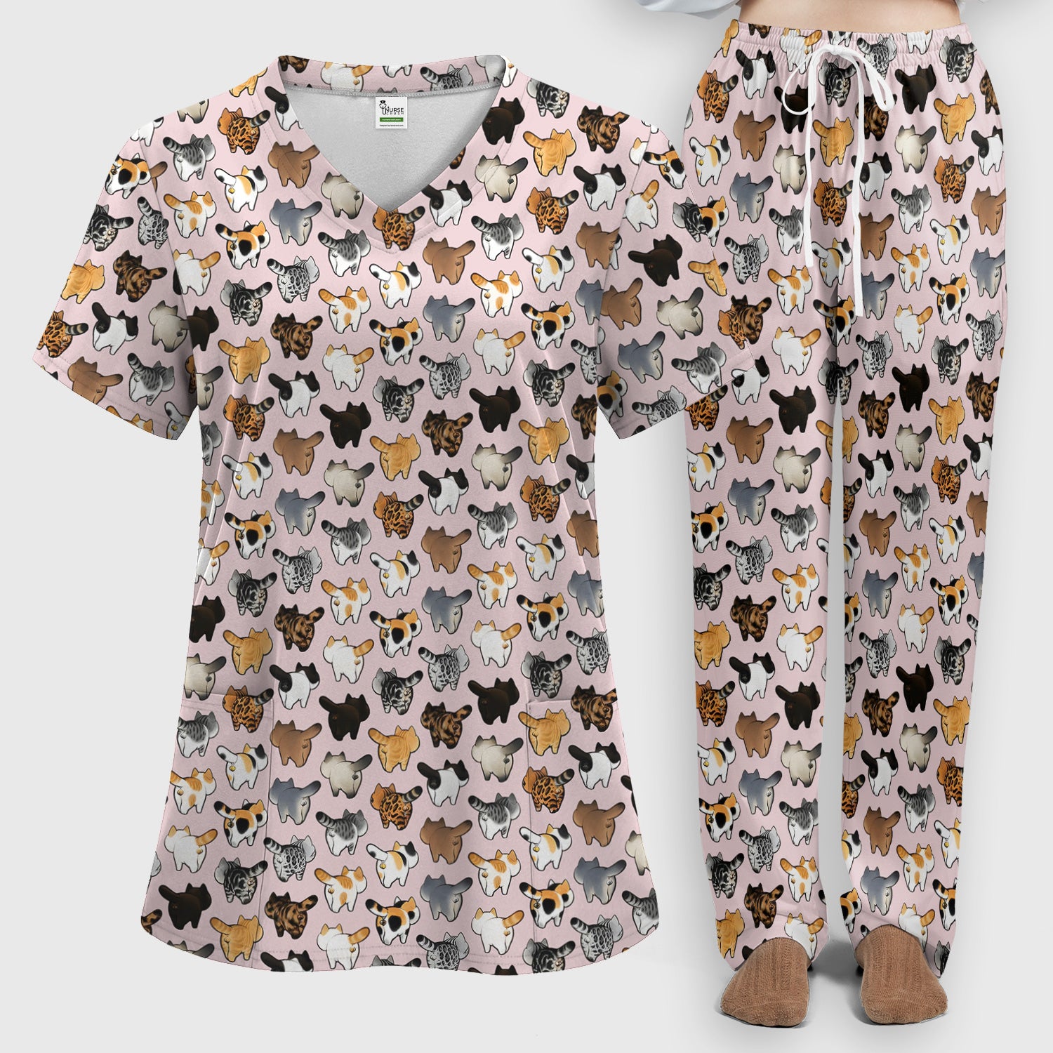 Cat Butt Pattern Medical Scrub Set, Breathable Fabrics Nursing Uniform