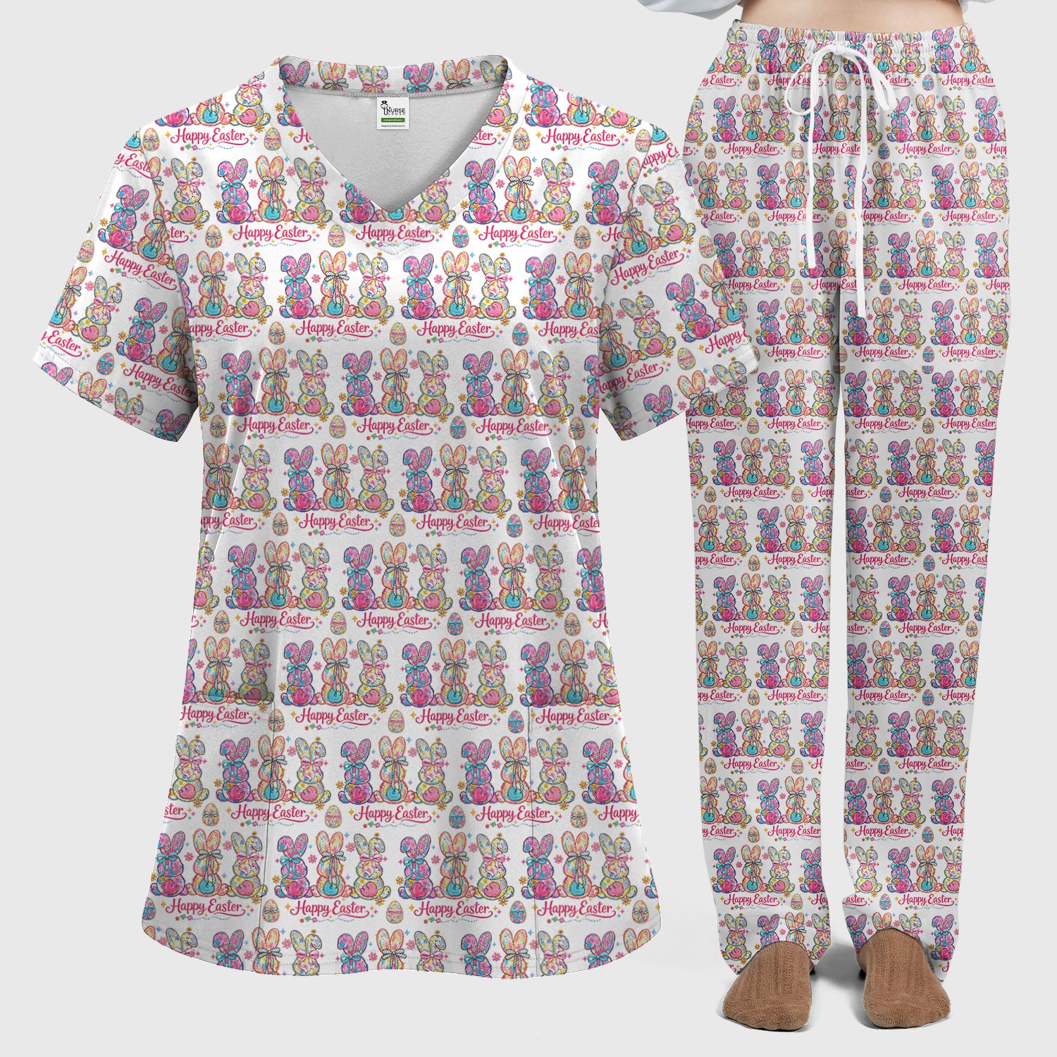 Pink Happy Easter Bunny Pattern Scrub Set, Scrub Pants and V Neck Top
