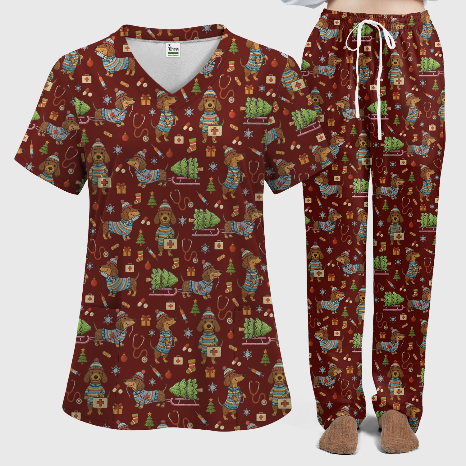 Dachshund Dog Scrub Set For Nurse, Funny Wiener Dog Lover Gift, Cute Dog 3D Knit Pattern Shirt