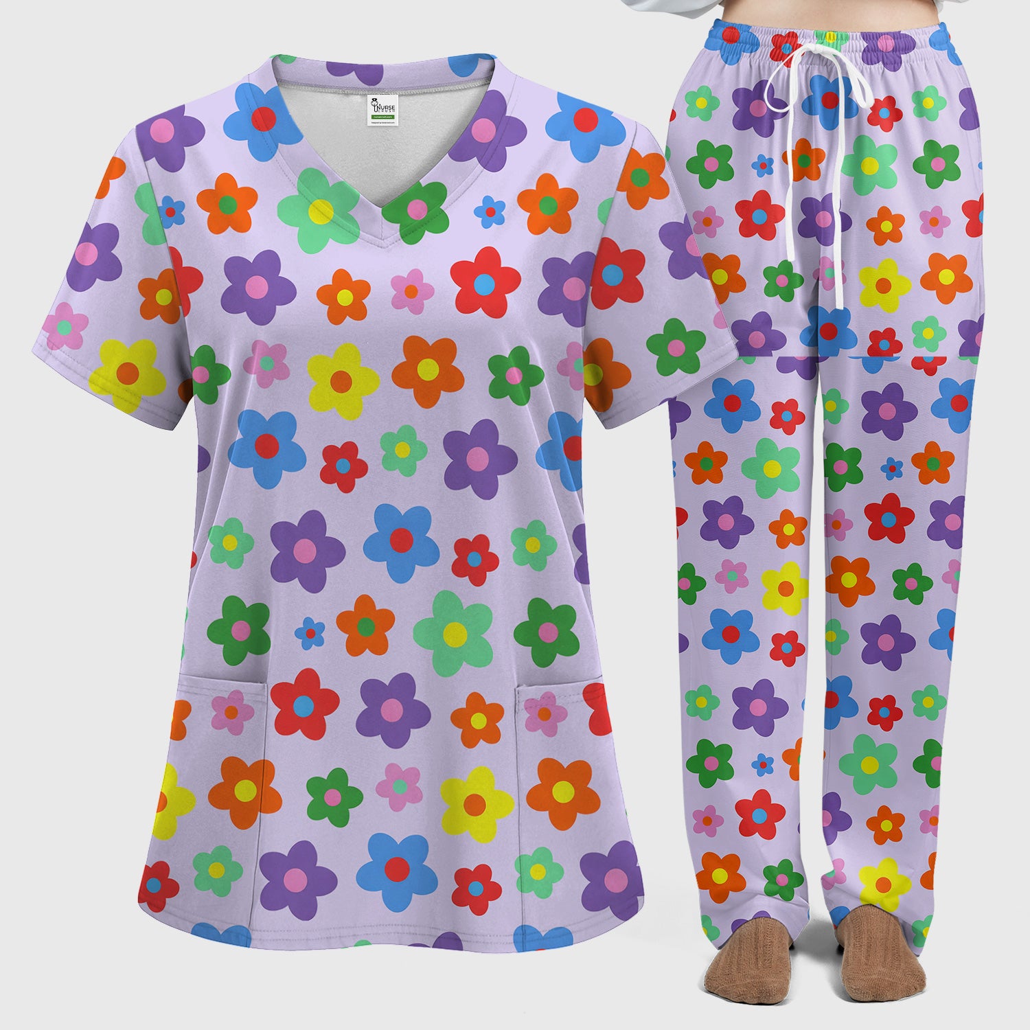 Colorful Retro Flower Pattern Print Scrub Set, Scrub Pants and V Neck Top