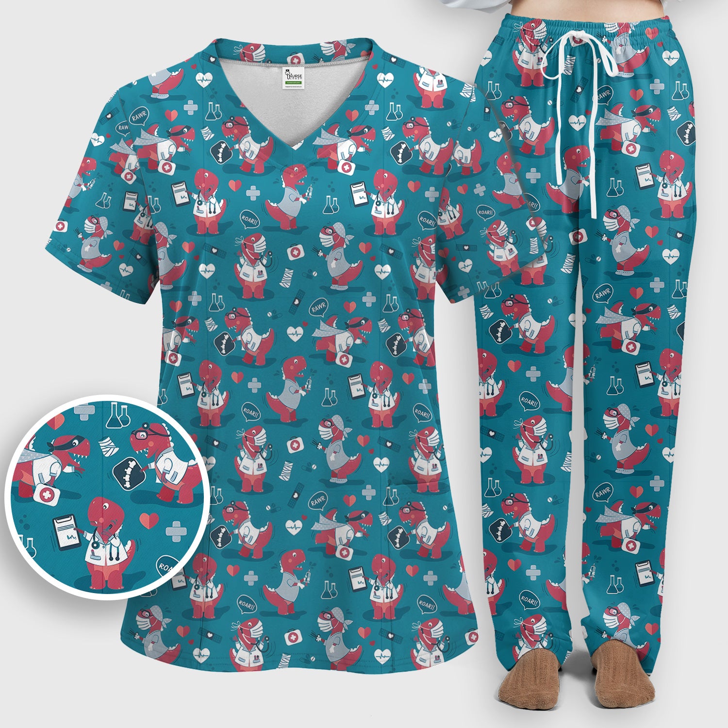 Cute Dinosaur Doctor Medical Pattern Scrub Set, Women's Scrub Sets