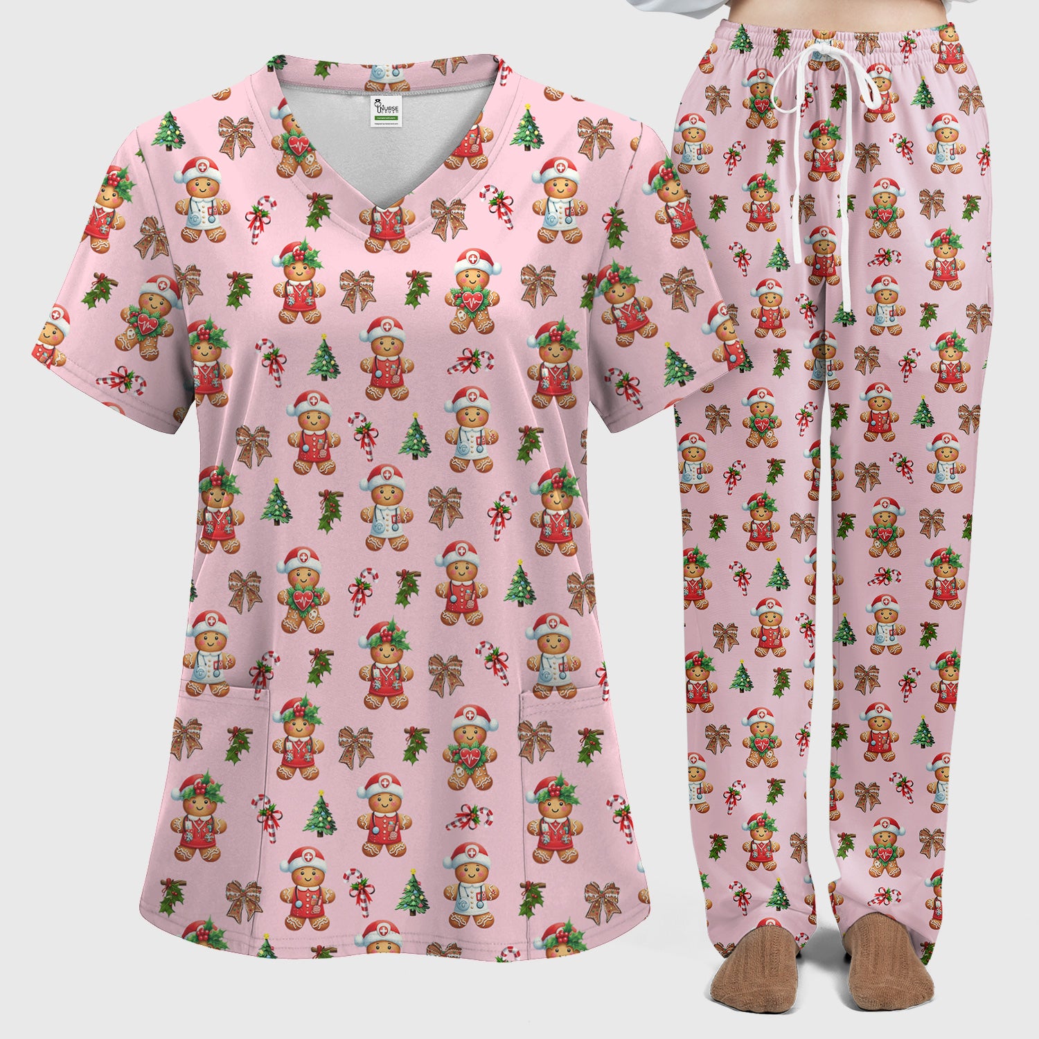 Funny Gingerbread Christmas Scrub Set - Cute Cookie with Bow Scrubs Pants and V Neck Top - Festive Holiday Gift for Women