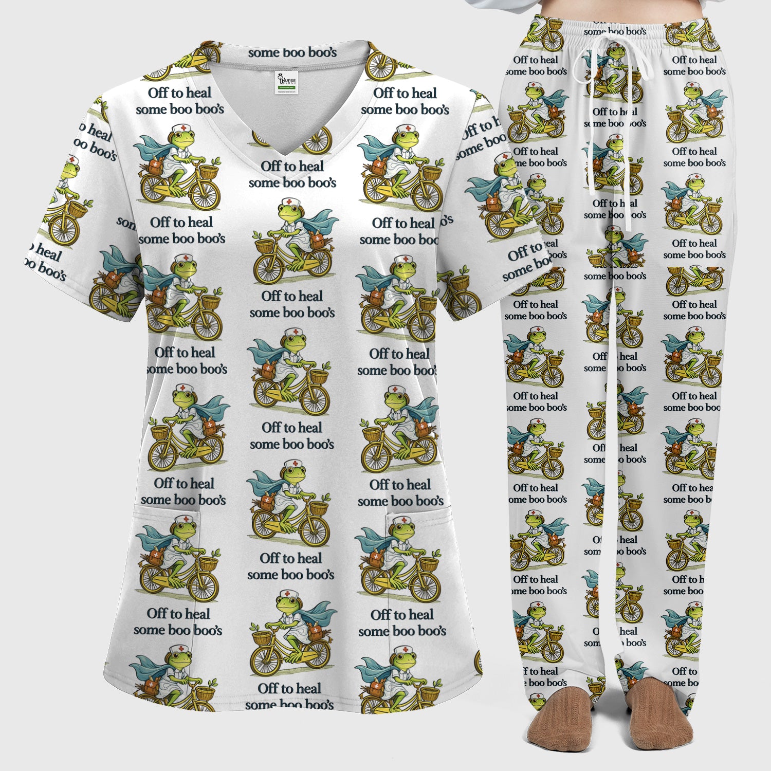 Funny Frog Nurse Cycling Pattern Scrub Set, Scrubs Pants and V Neck Top