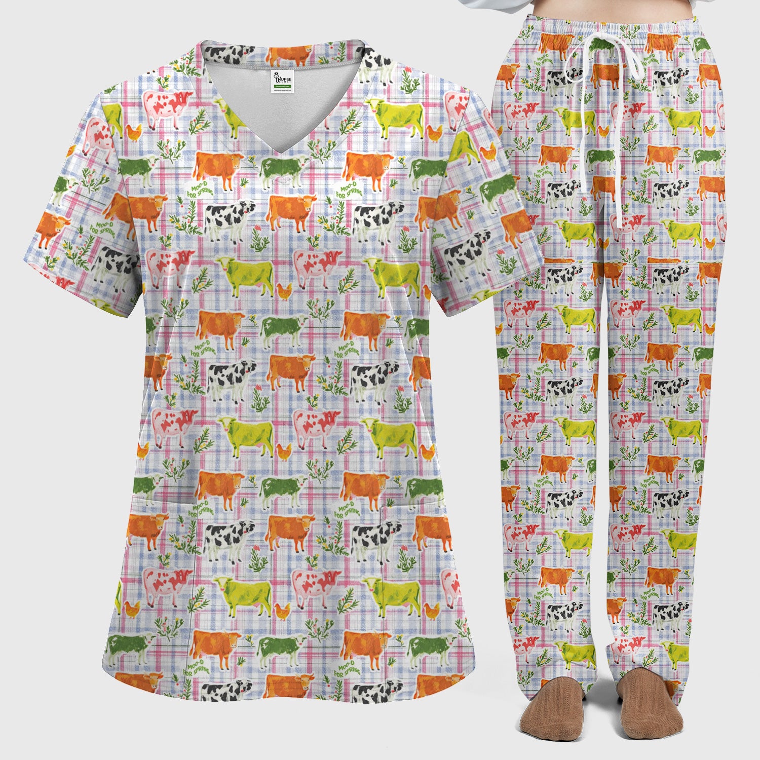 Colorful Farm Cow Plaid Print Scrub Set, V-Neck Top and Drawstring Pants